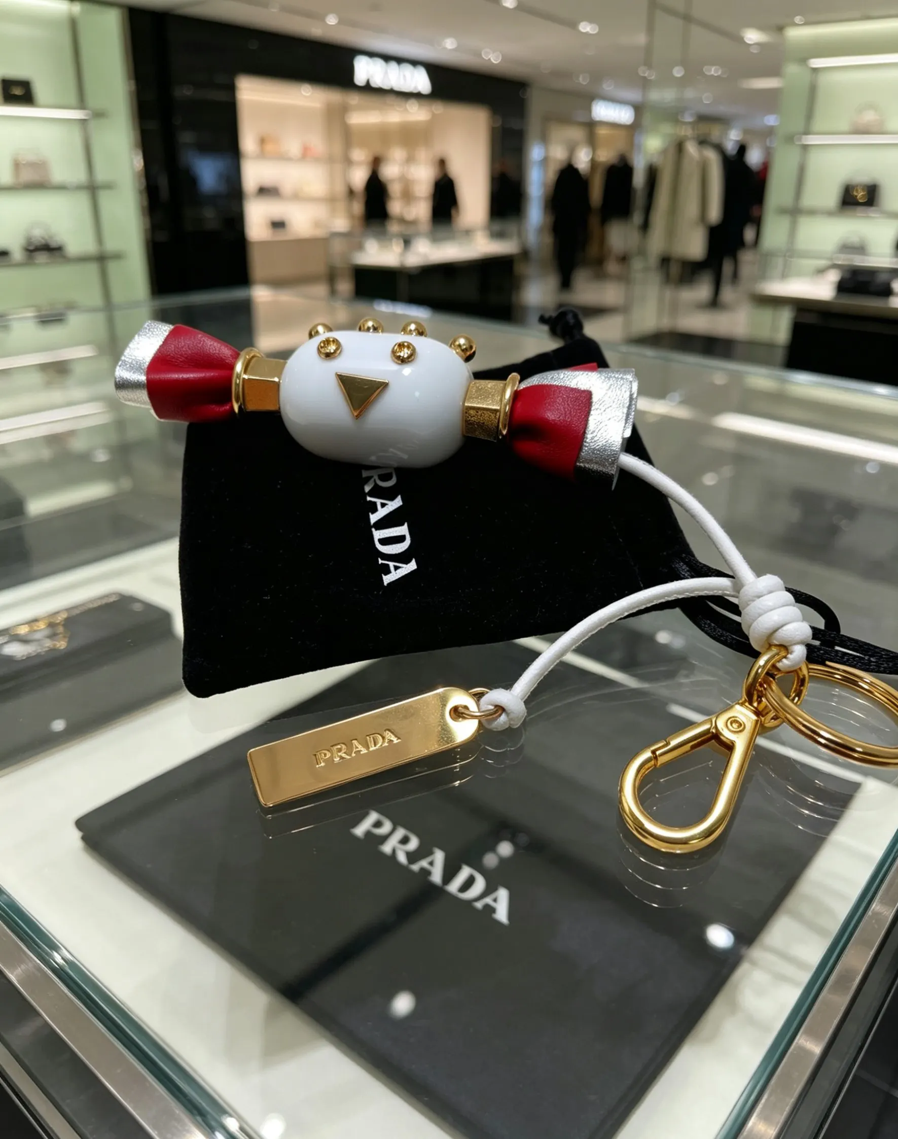 Prada 红色 皮革 三角标 包包挂件/钥匙扣