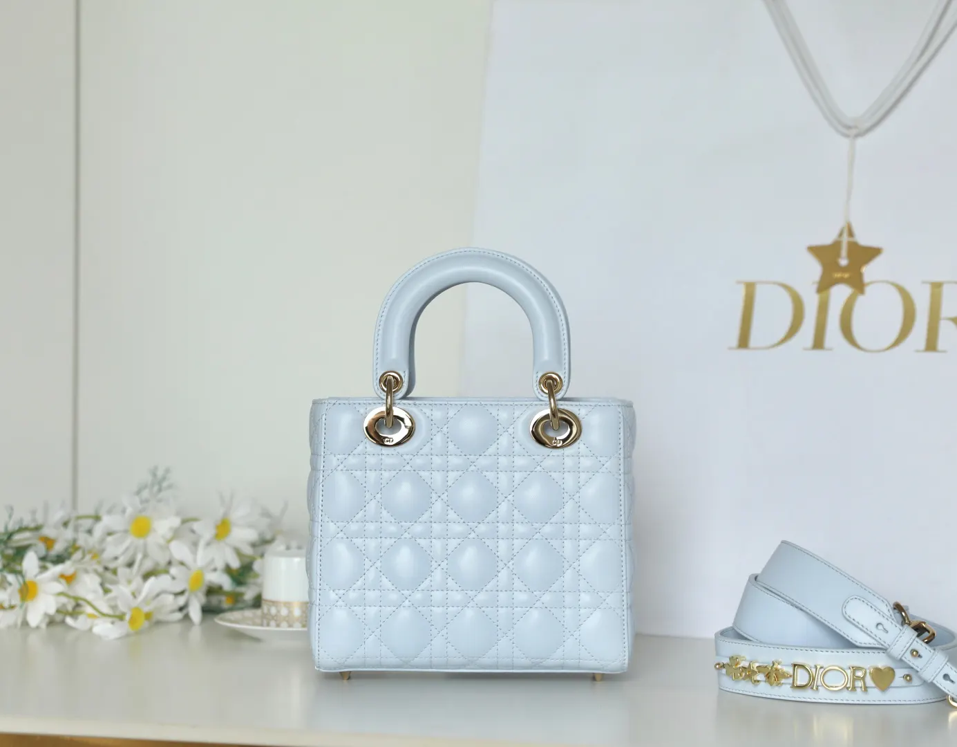Dior Cannage藤格纹 冰川蓝羊皮手袋 手提斜挎