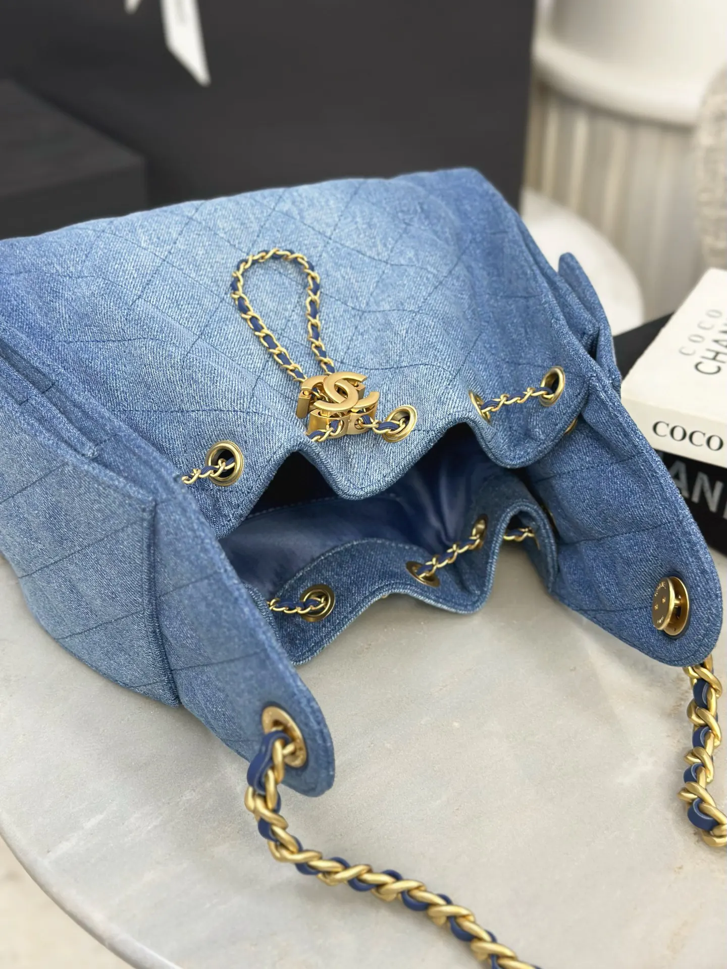 Chanel 牛仔 抽绳 水桶包