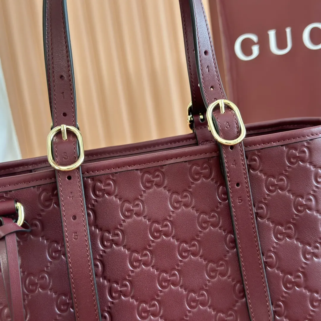 Gucci GG Emblem 紅色 金色 皮革 托特包 大容量托特款