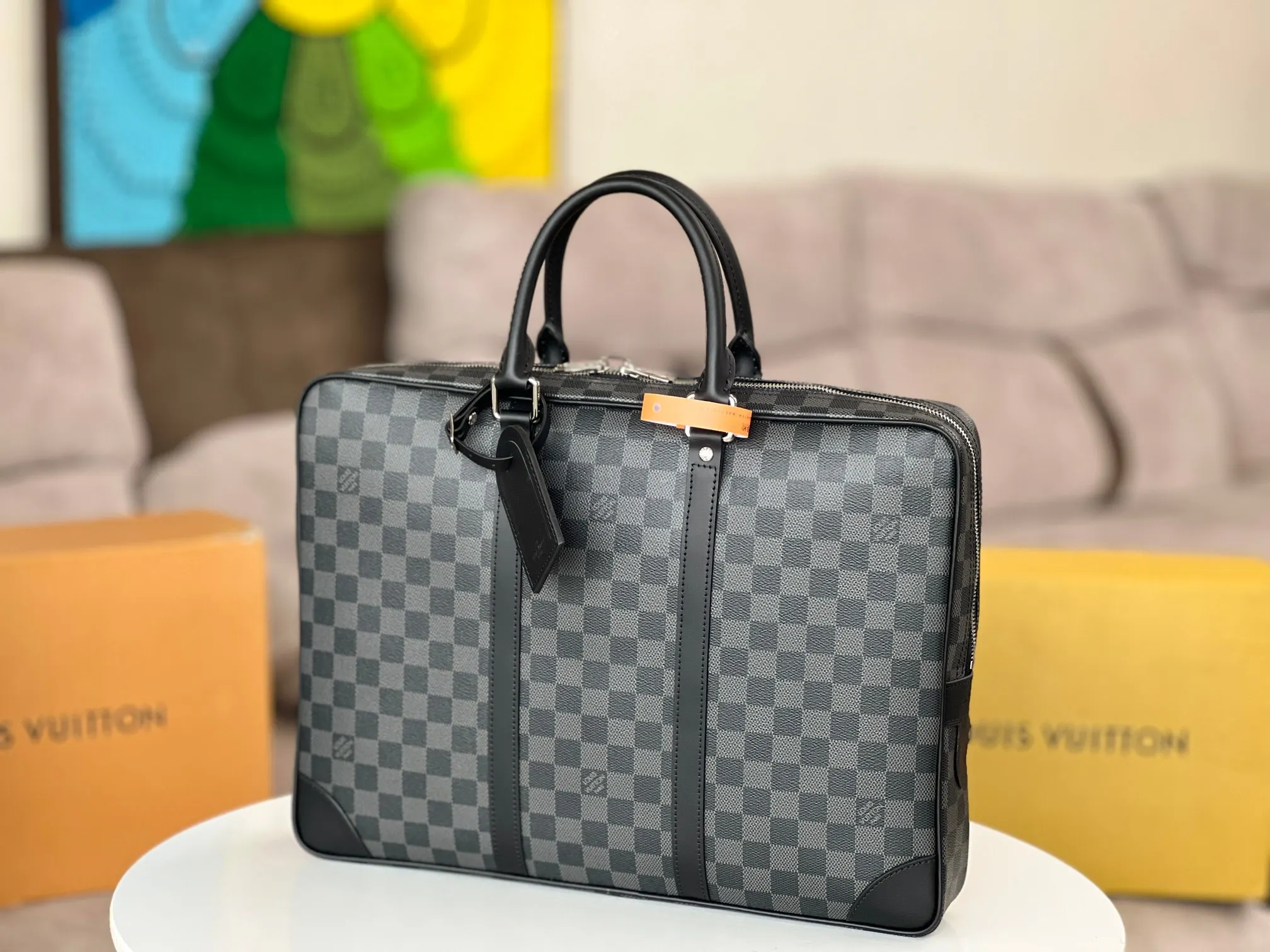 帆布 时尚的damier ebène帆布材质 光滑的皮质佩 公文包 商务通勤款