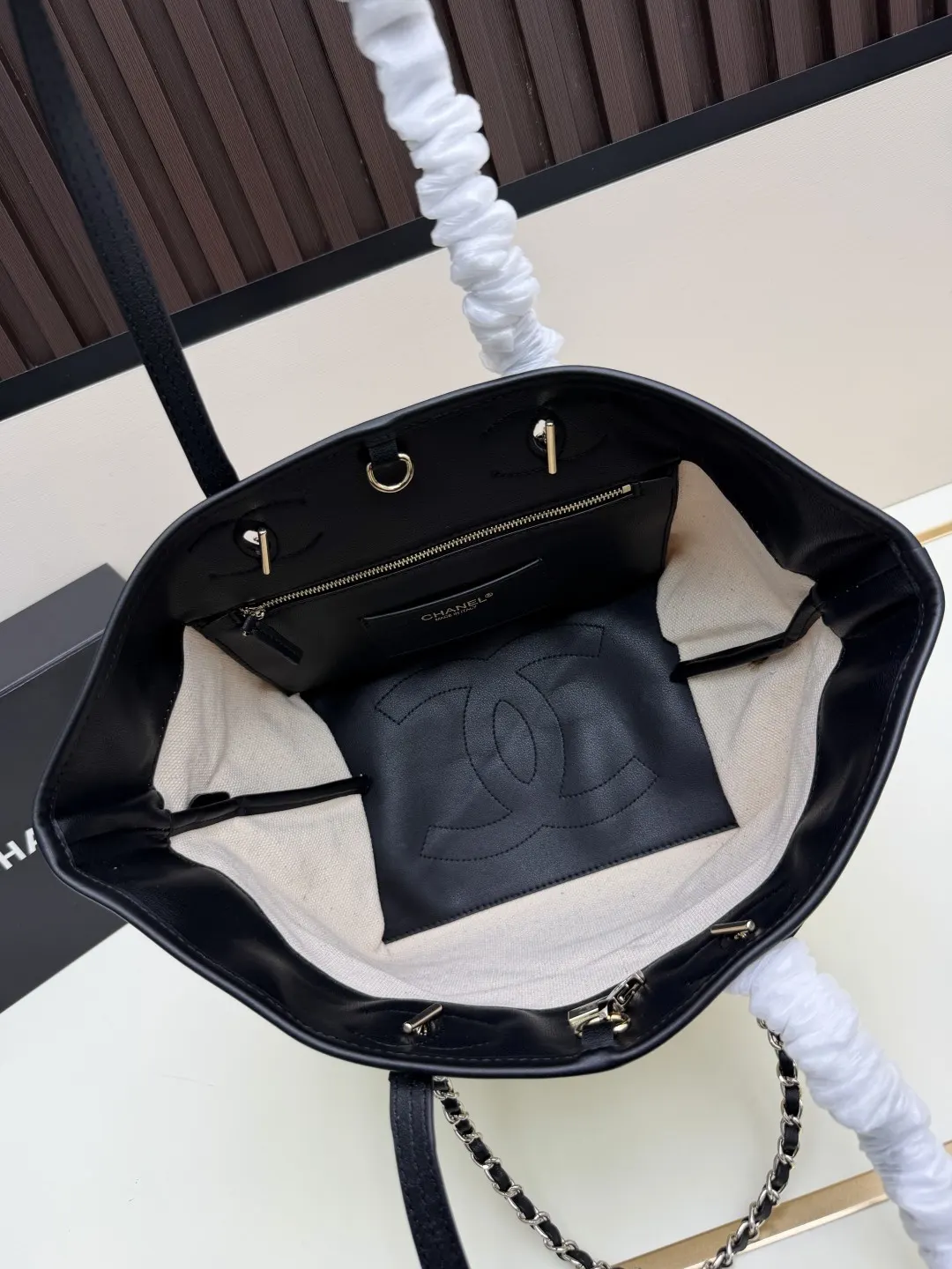 CHANEL 藏藍 卡其 小牛皮 托特包 大容量托特款