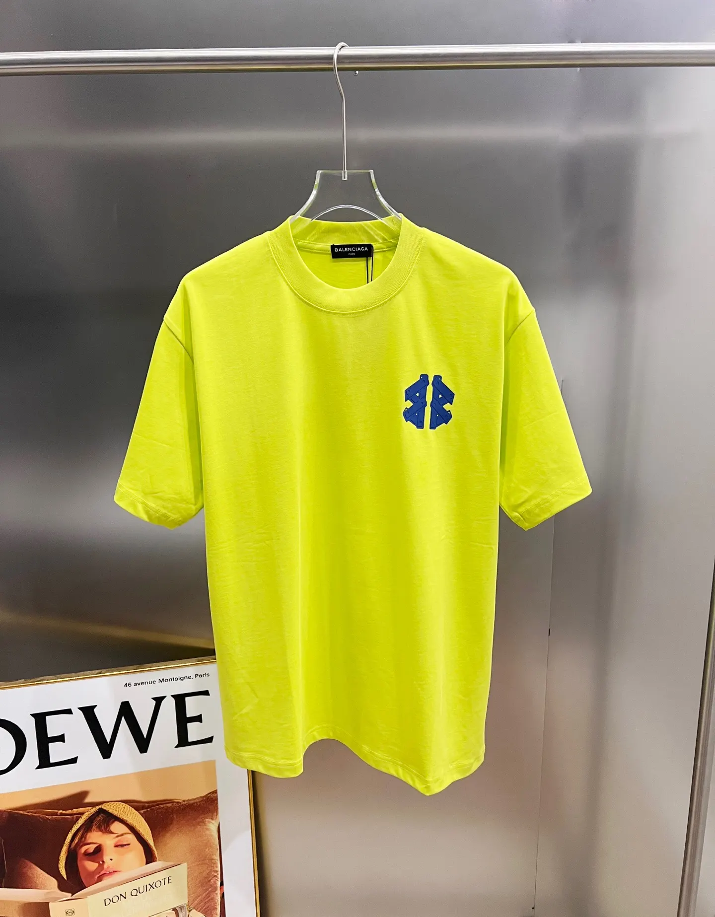Balenciaga Blue Crest Letter Crew Neck T-Shirt In Neon Yellow
