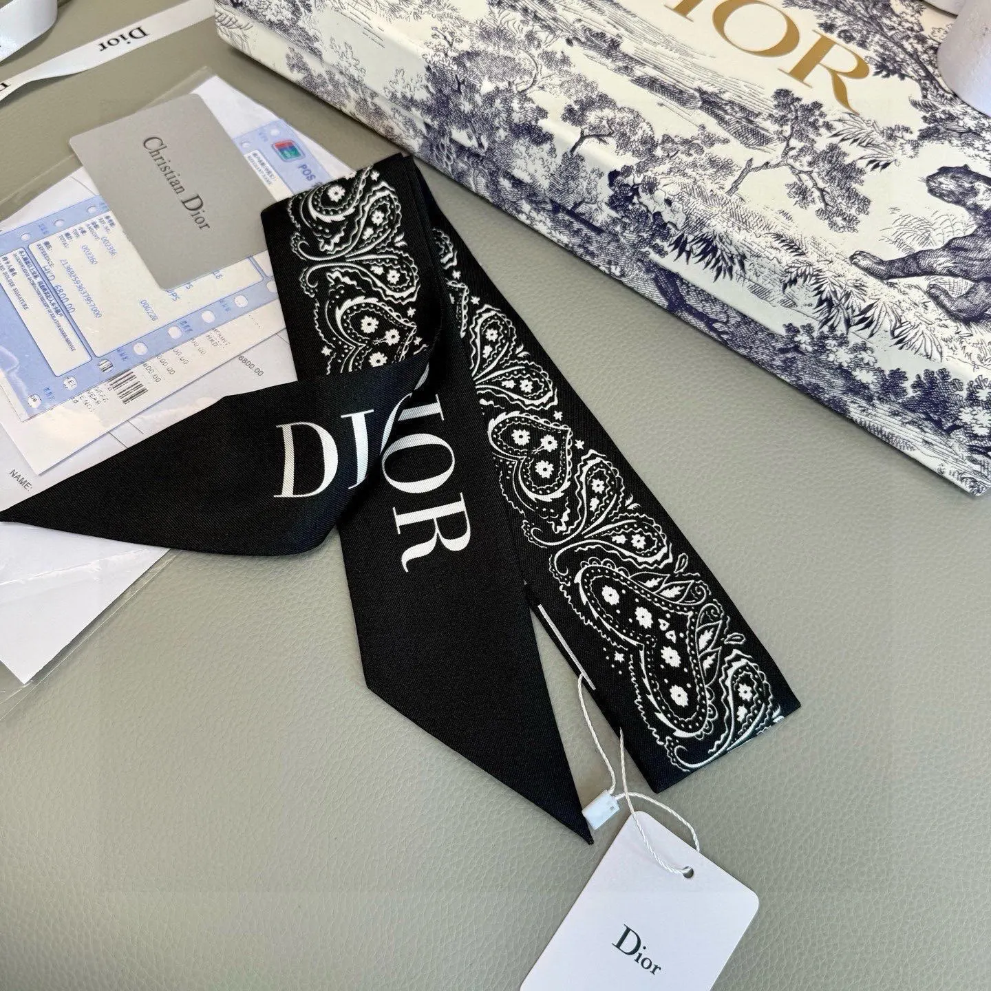 Dior 黑白提花真丝丝巾 细长绑带