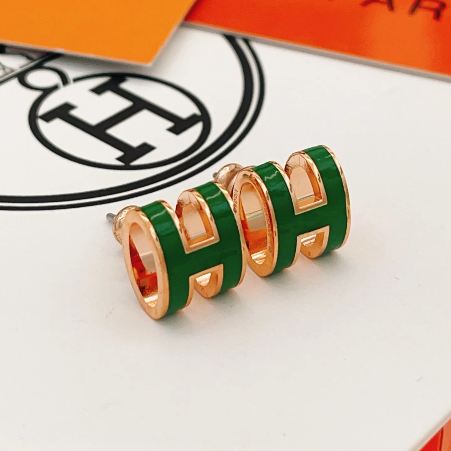 Hermes 玫瑰金 綠色 大号 耳钉 小巧点缀款