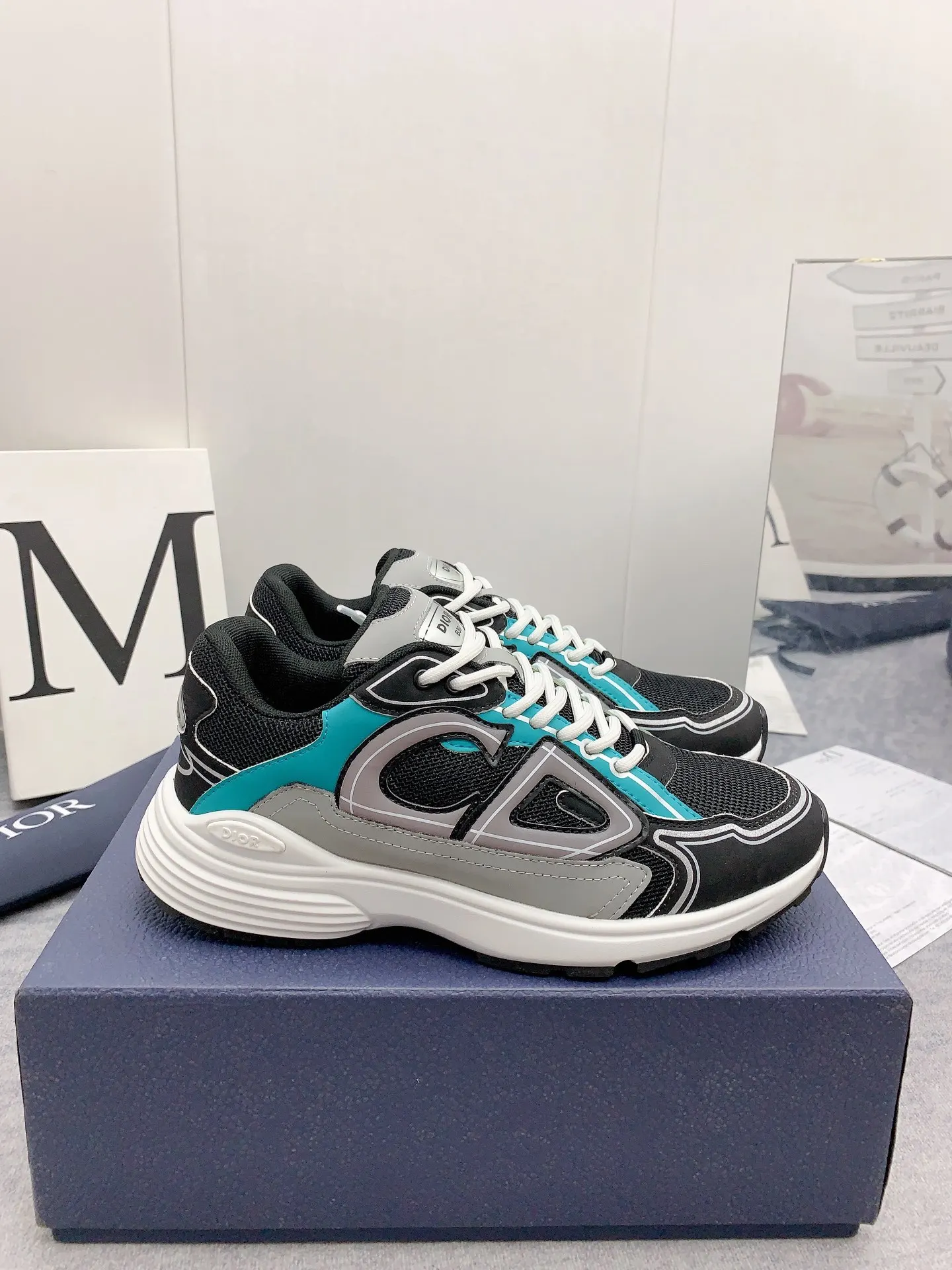 Dior B30 Mesh And Leather Sneakers In Black Teal