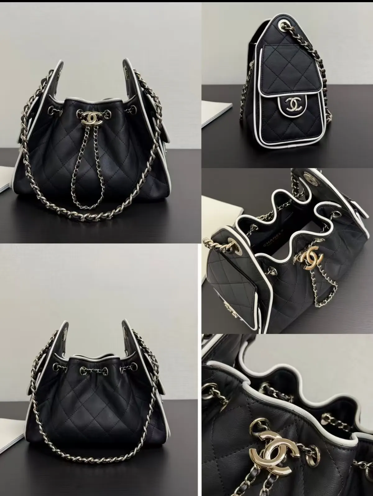 Black White Hobo Shoulder Bag Vintage Leather