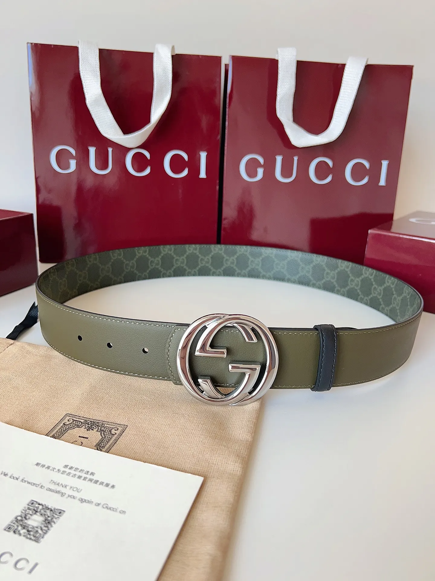 Gucci 双G扣牛皮腰带 绿色