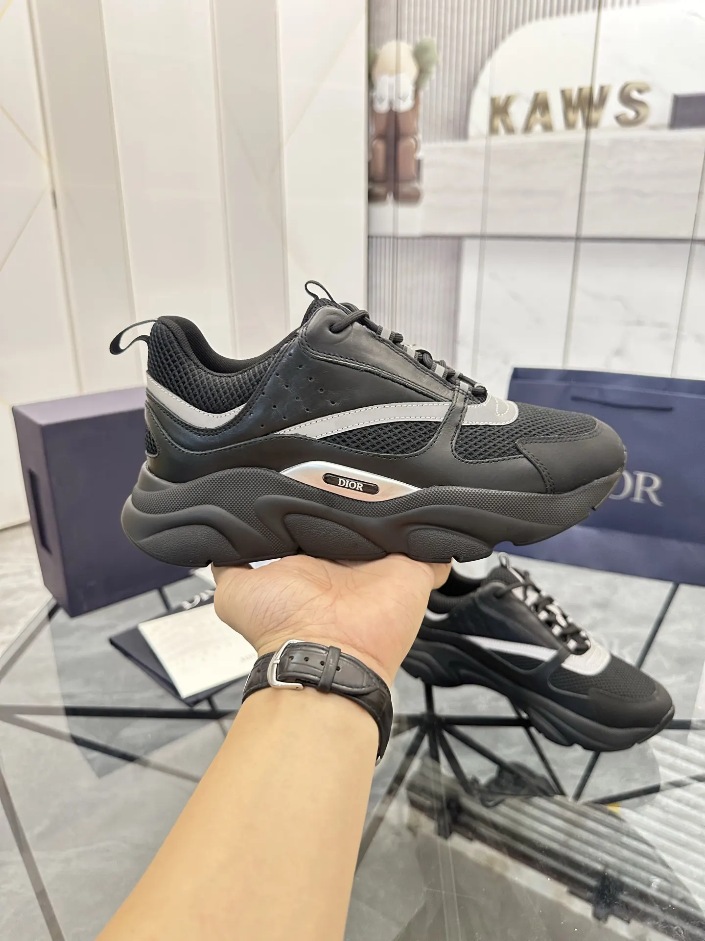 Dior B22 黑灰拼色牛皮休闲鞋 厚底