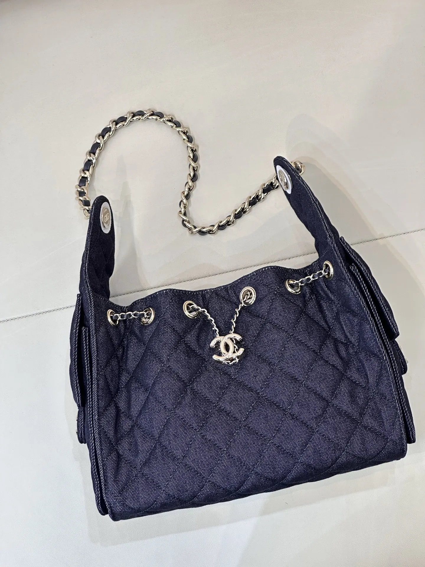 White Blue Hobo Shoulder Bag Vintage
