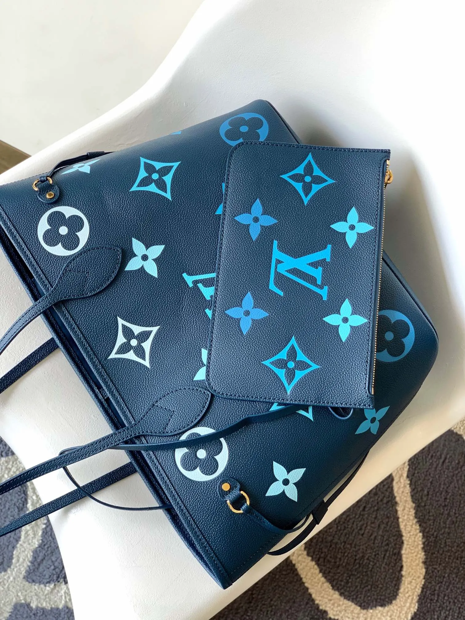 LV Neverfull 蓝色 牛皮 托特包 大容量托特款
