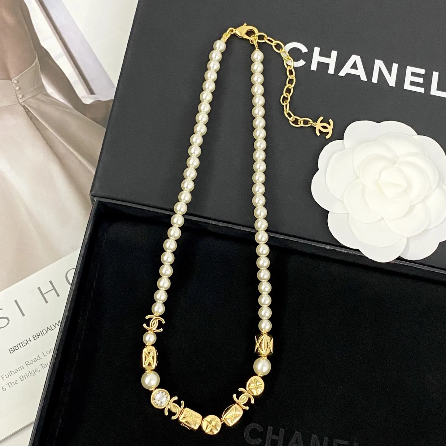 Chanel 金色 珍珠 双C 链条 项链 精致锁骨链