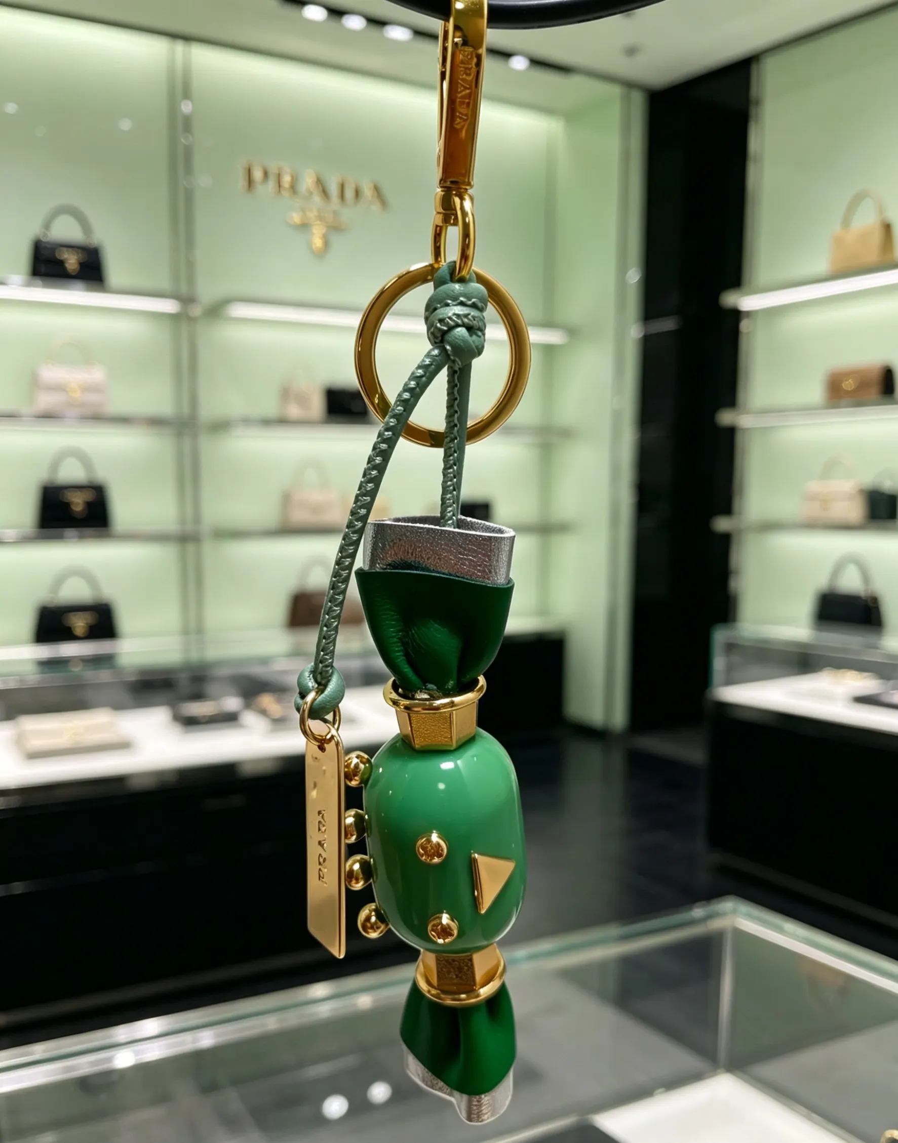 Prada Green Leather Triangle Logo Bag Charm / Keychain