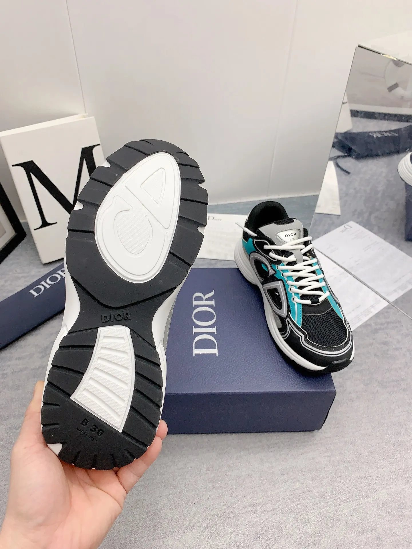 Dior B30 Mesh and Leather Sneakers in Black and Teal