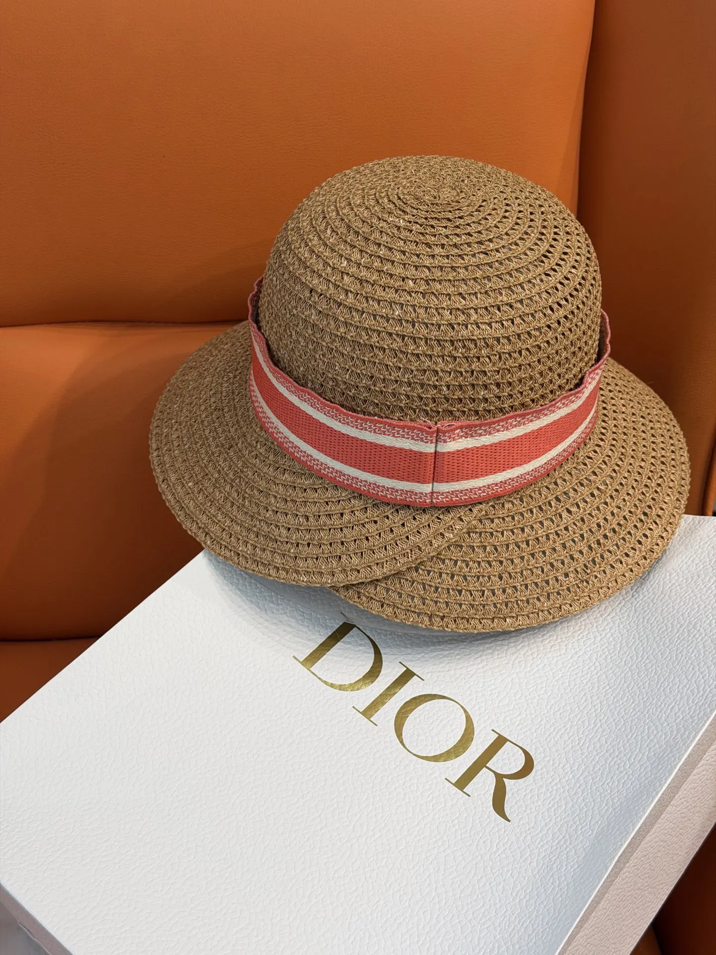 Dior 草编宽檐遮阳帽 粉色Logo织带 帽子