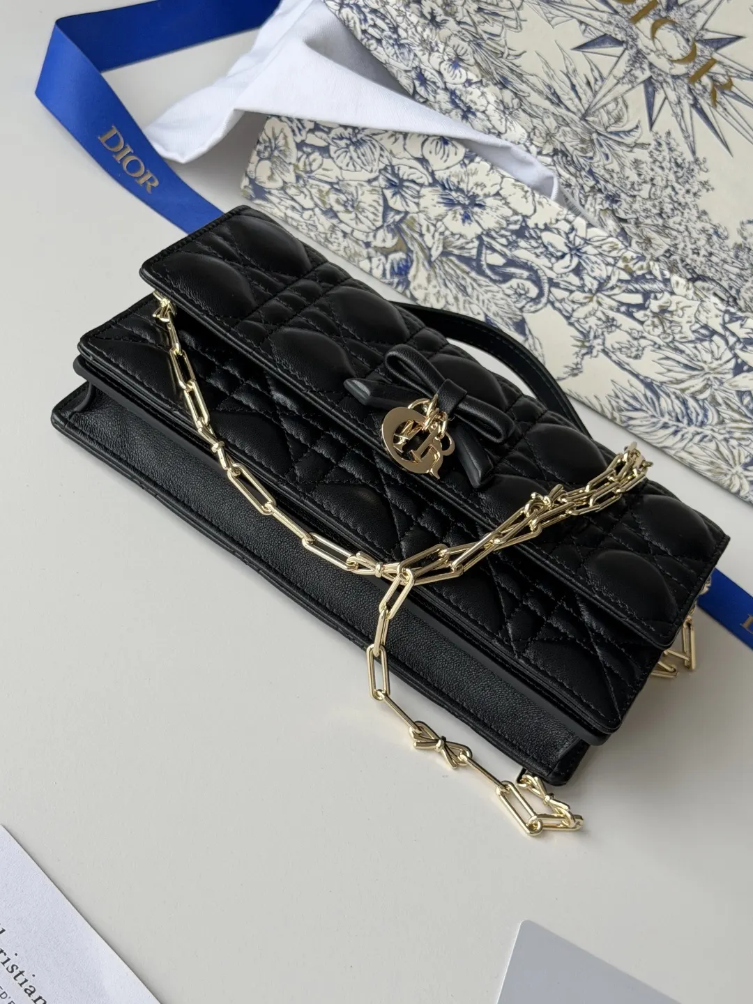 Dior 黑色羊皮链条手拿包 晚宴斜挎