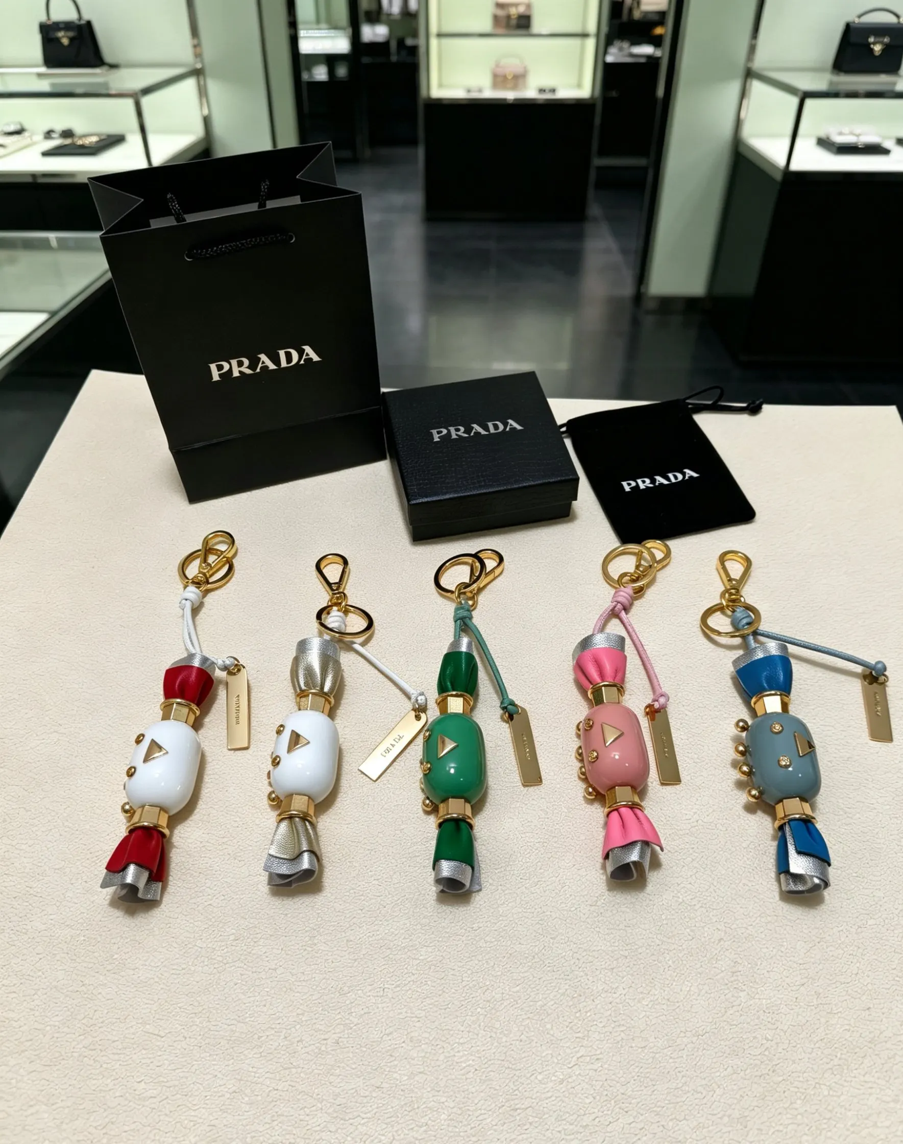 Prada 金色 皮革 三角標 包包掛件/鑰匙扣