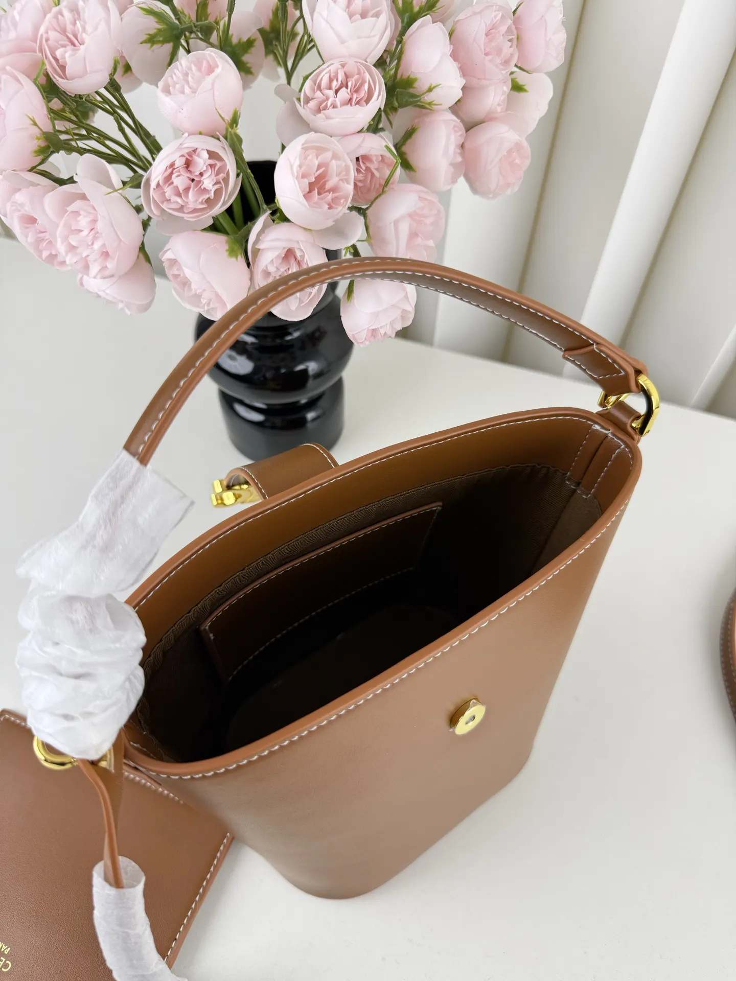Brown Gold Bucket Bag Casual Leather