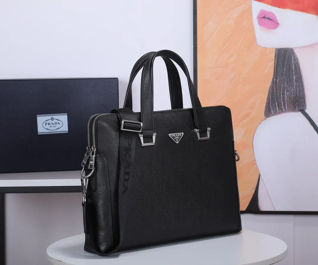 Prada 黑色 藍色 牛皮 公文包 商務通勤款