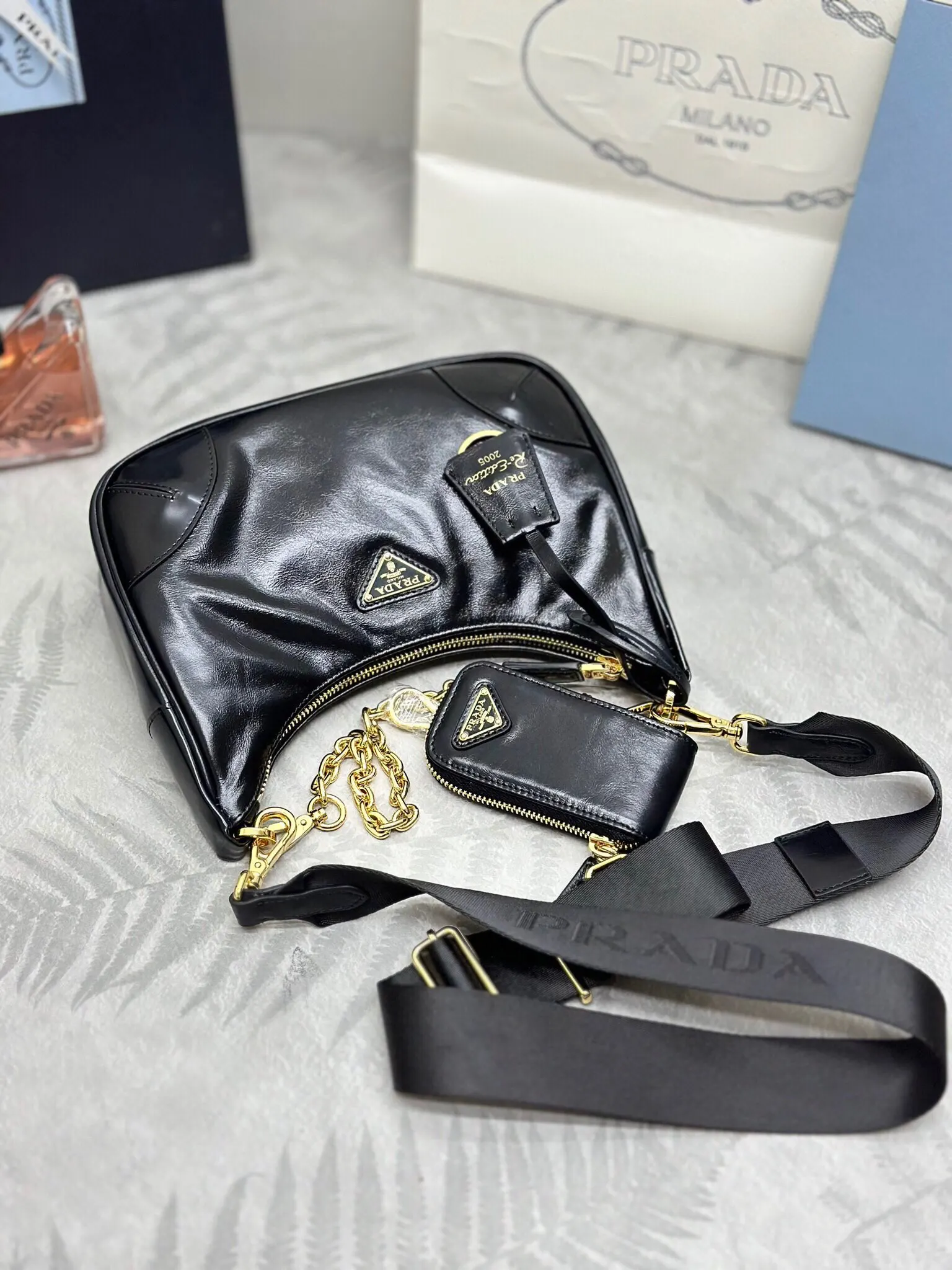 Prada Re-Nylon 黑色 链条Hobo腋下包 小包组合