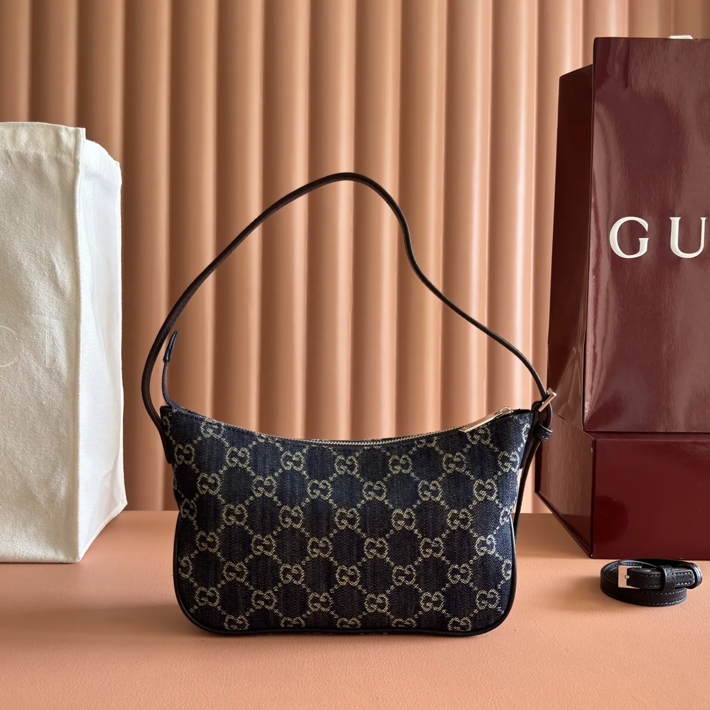Gucci Blue Brown Hobo Shoulder Bag Vintage Canvas