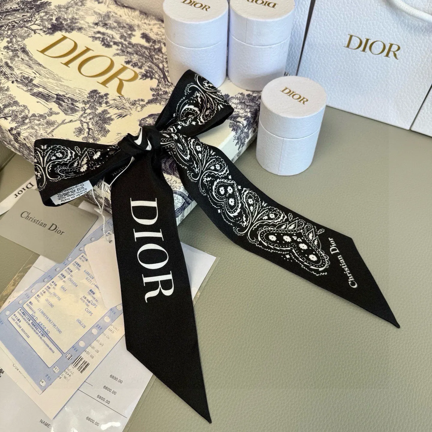Dior 黑白提花真丝丝巾 细长绑带