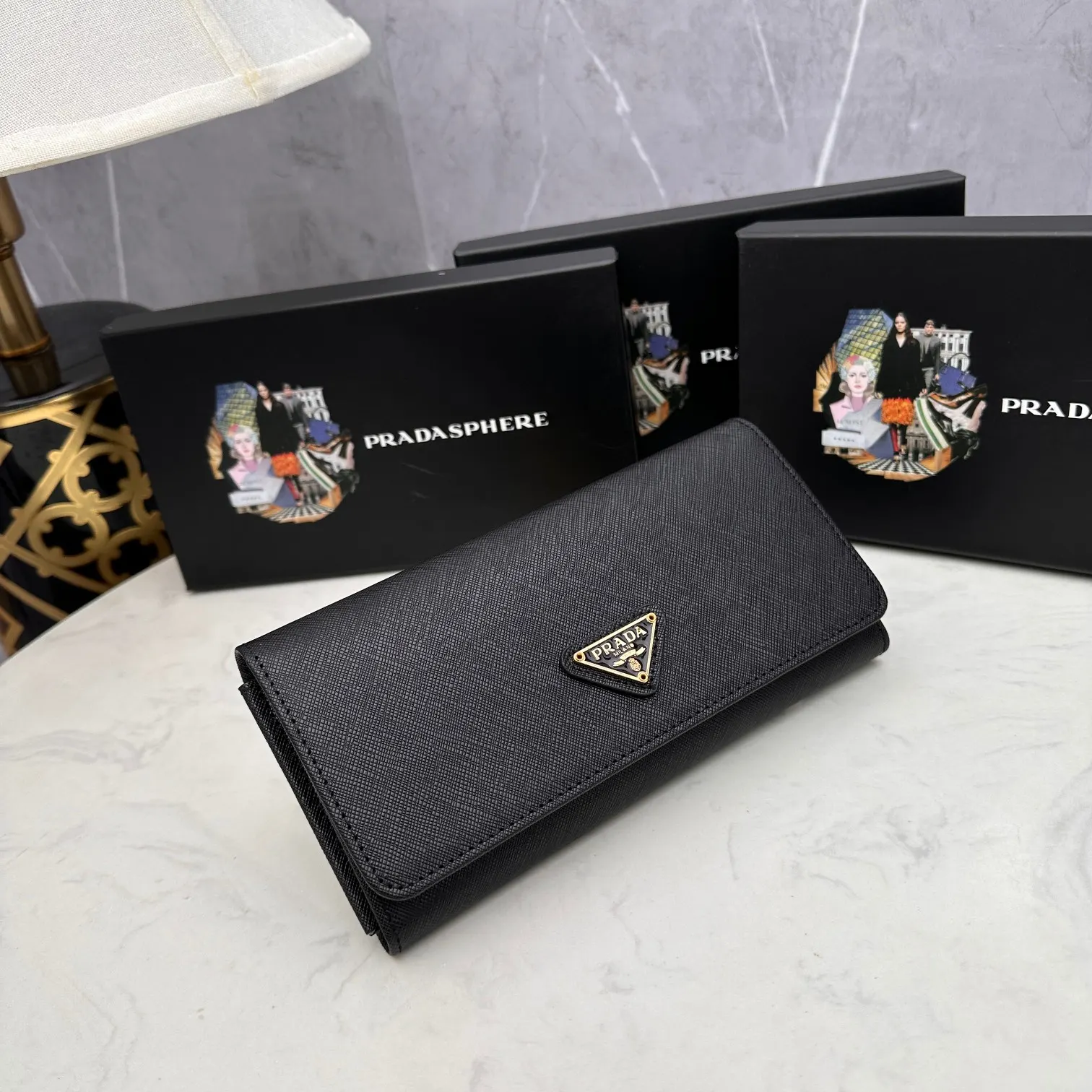 Prada Saffiano Black Leather Triangle Logo Wallet