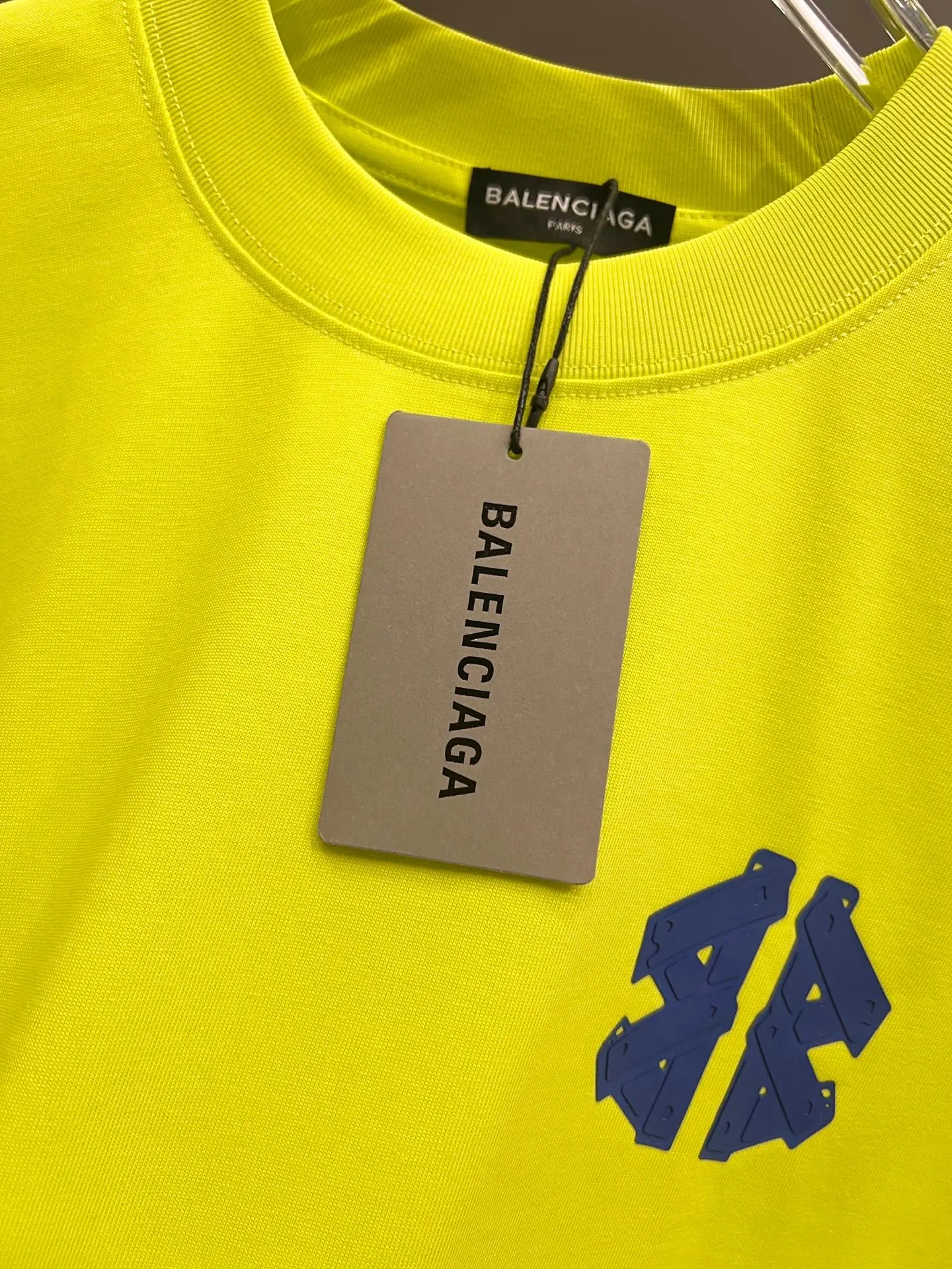 Balenciaga Blue Crest Letter Crew Neck T-Shirt In Neon Yellow