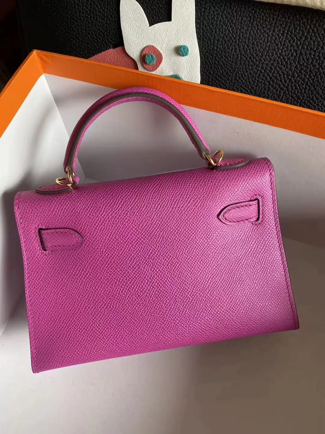 Hermès 迷你皮革手提包 玫红金扣