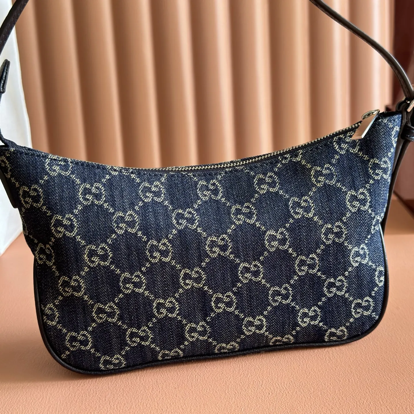 Gucci Blue Brown Hobo Shoulder Bag Vintage Canvas