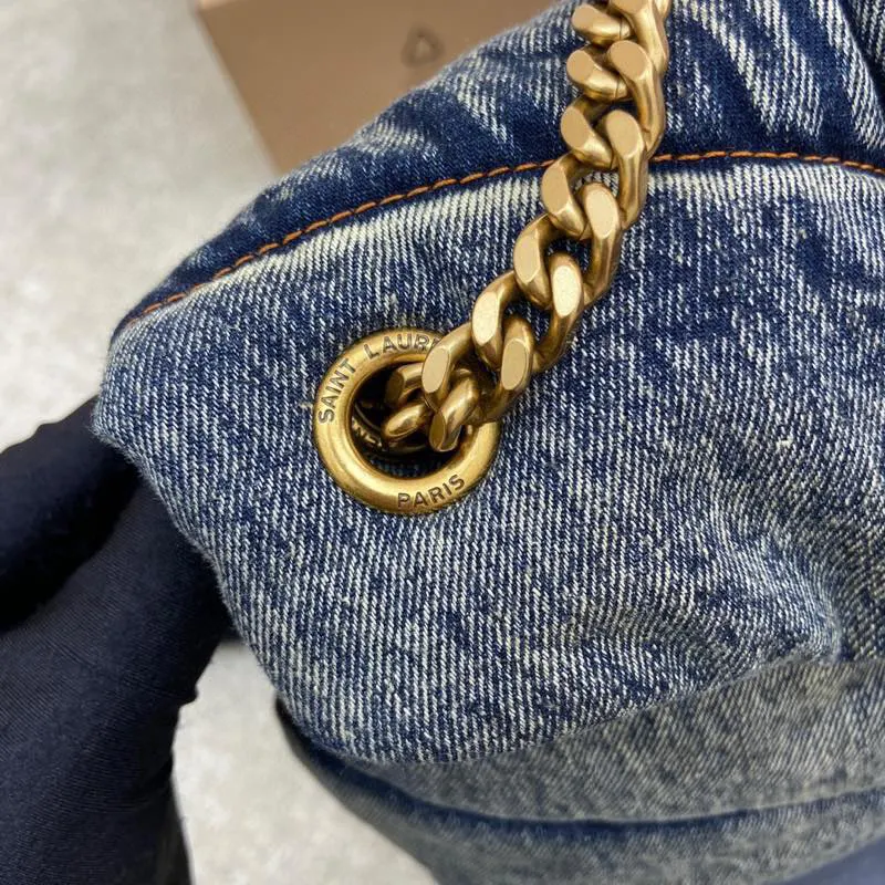 金色 牛仔 批 牛仔棕皮 古金五金 LOULOU PUF 链条包 精致链条款