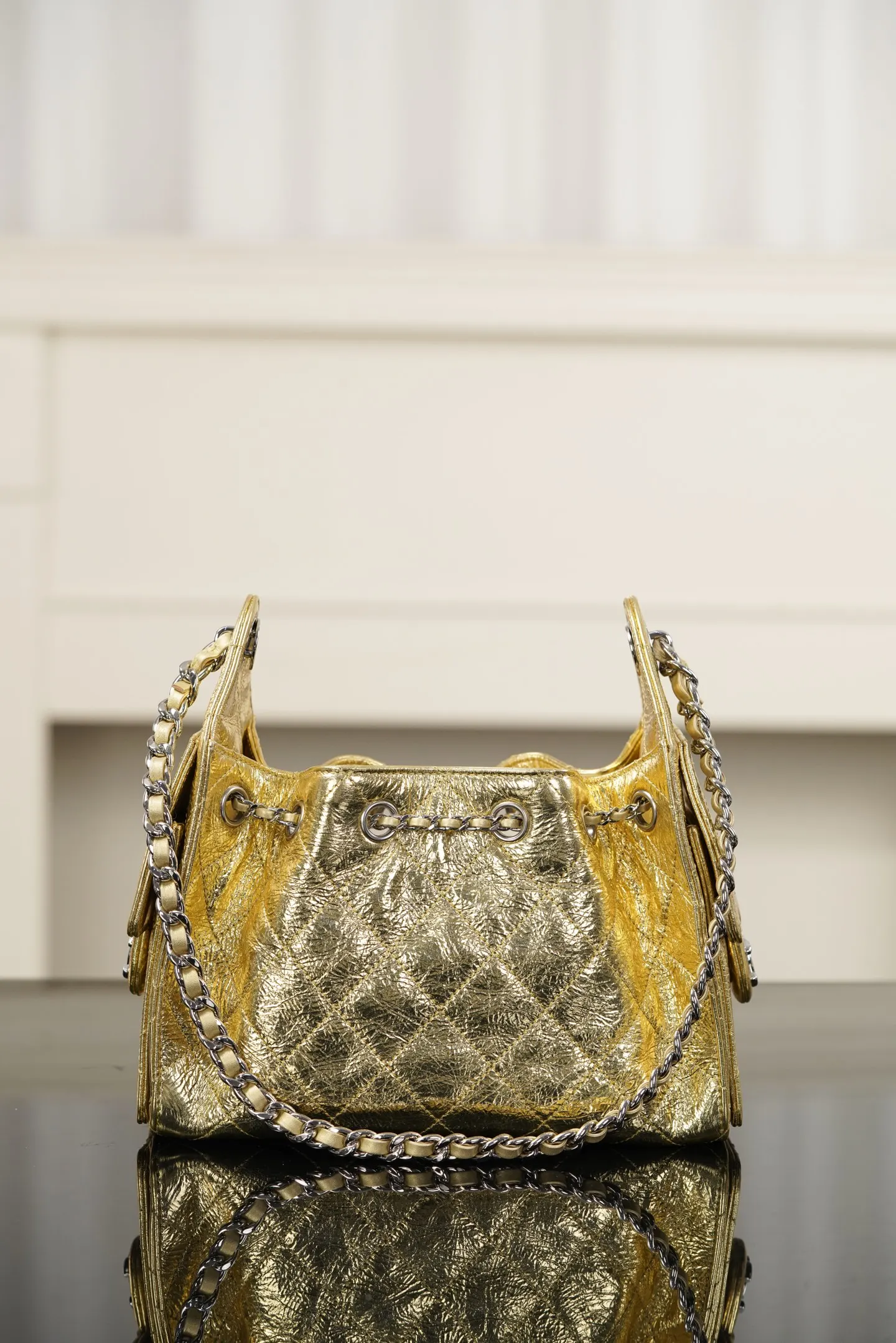 Silver Gold Bucket Bag Casual Leather