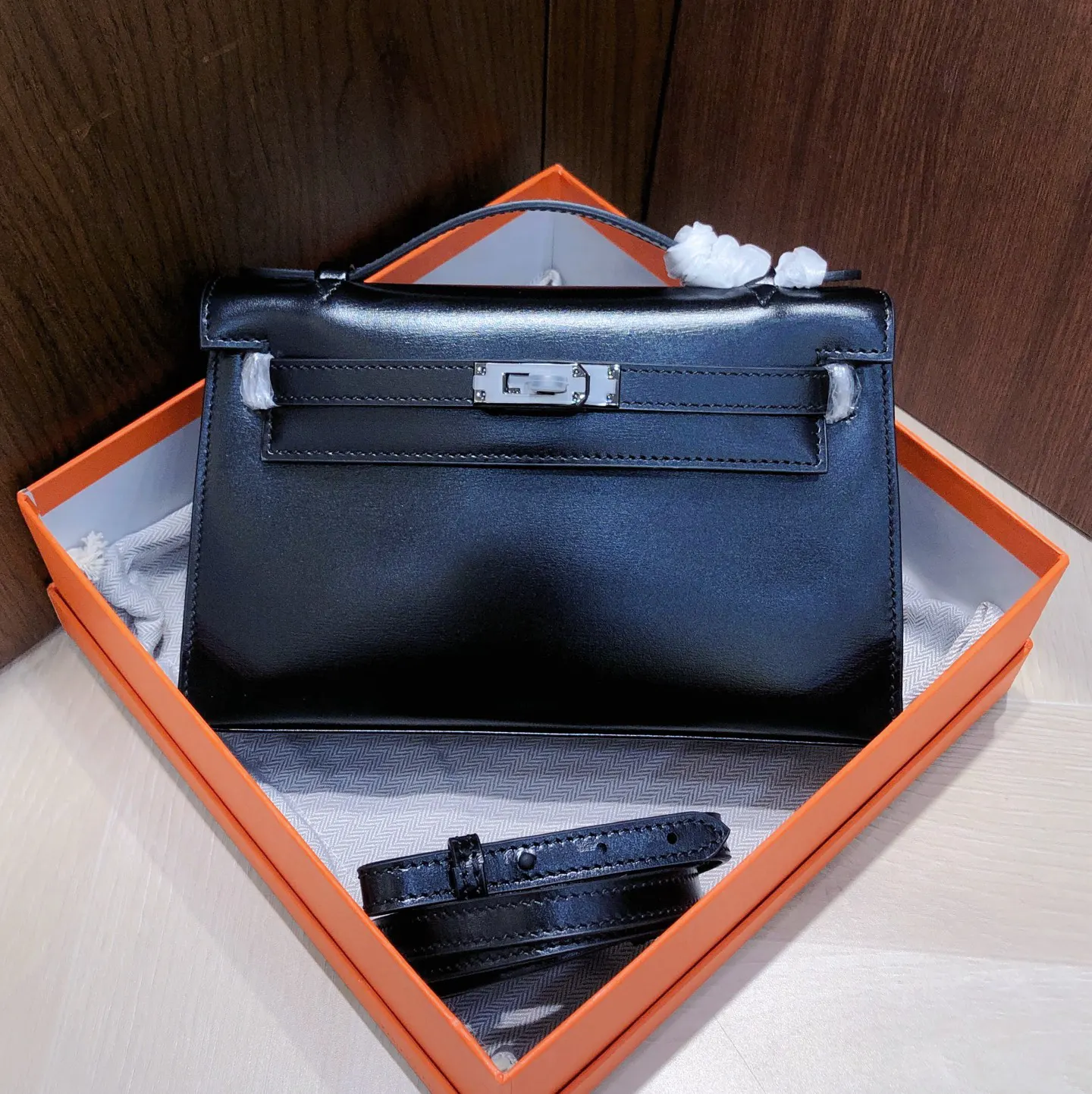 Kelly 黑色 牛皮 mini Kelly一代 BOX进口牛皮銀 手提包 通勤手提款
