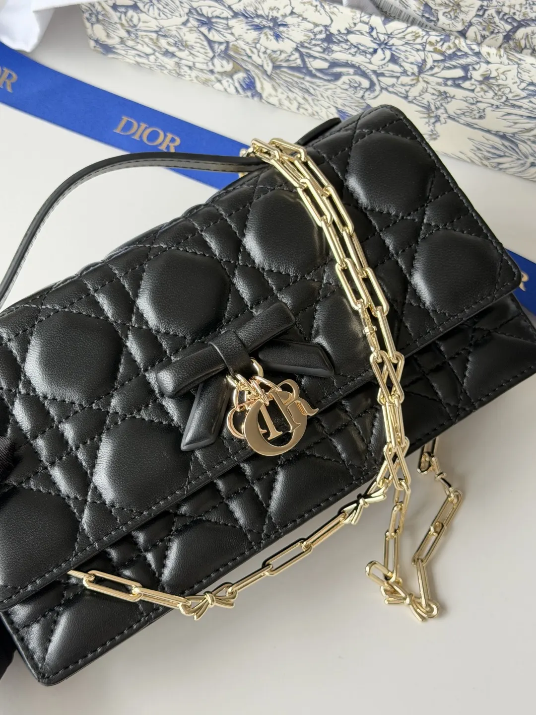 Dior 黑色羊皮链条手拿包 晚宴斜挎