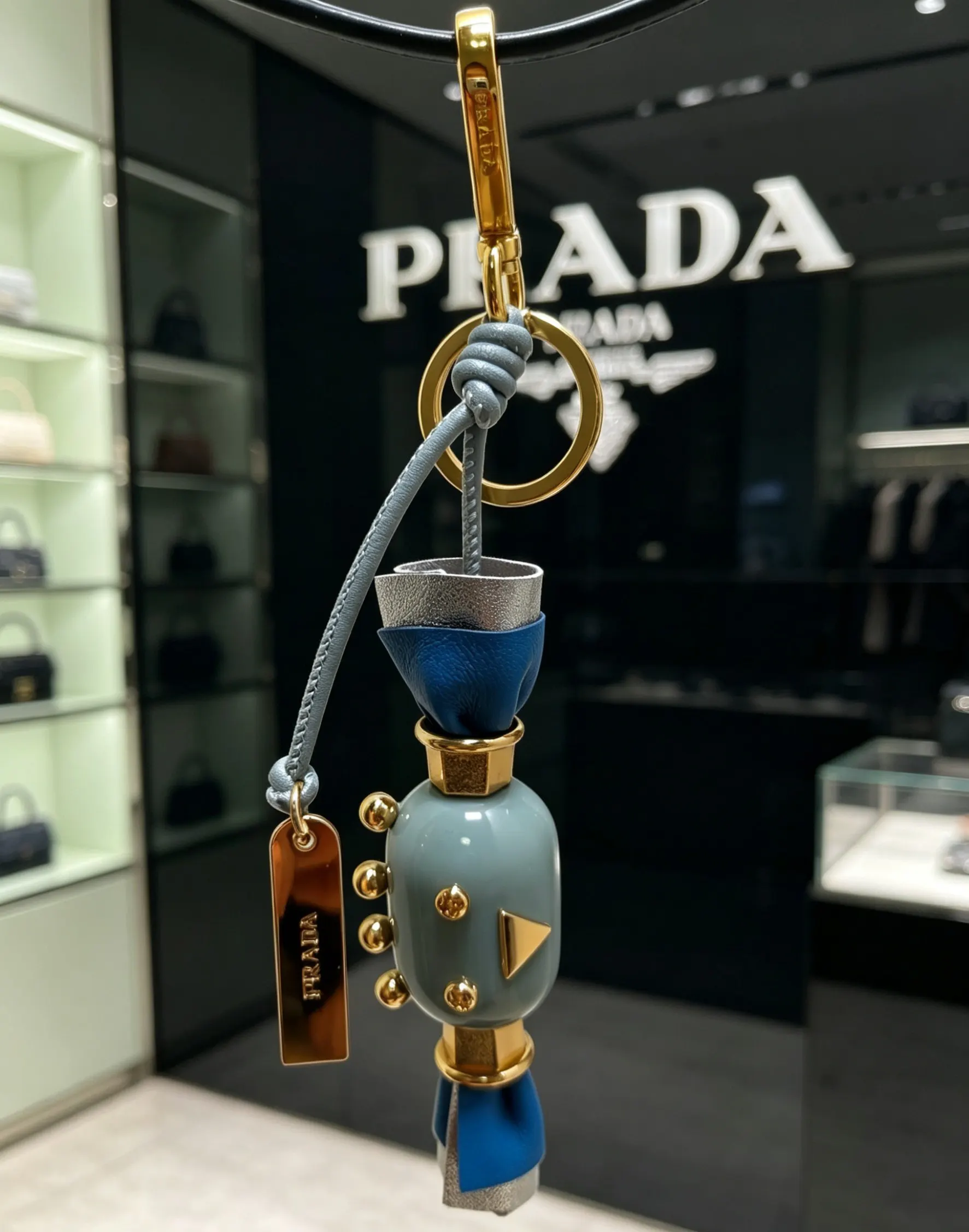 PRADA 蓝色 羊皮 三角标 包包挂饰 包袋点缀款