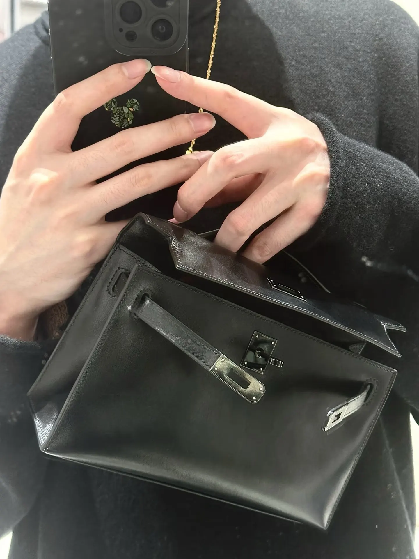 Kelly 黑色 牛皮 mini Kelly一代 BOX进口牛皮銀 手提包 通勤手提款