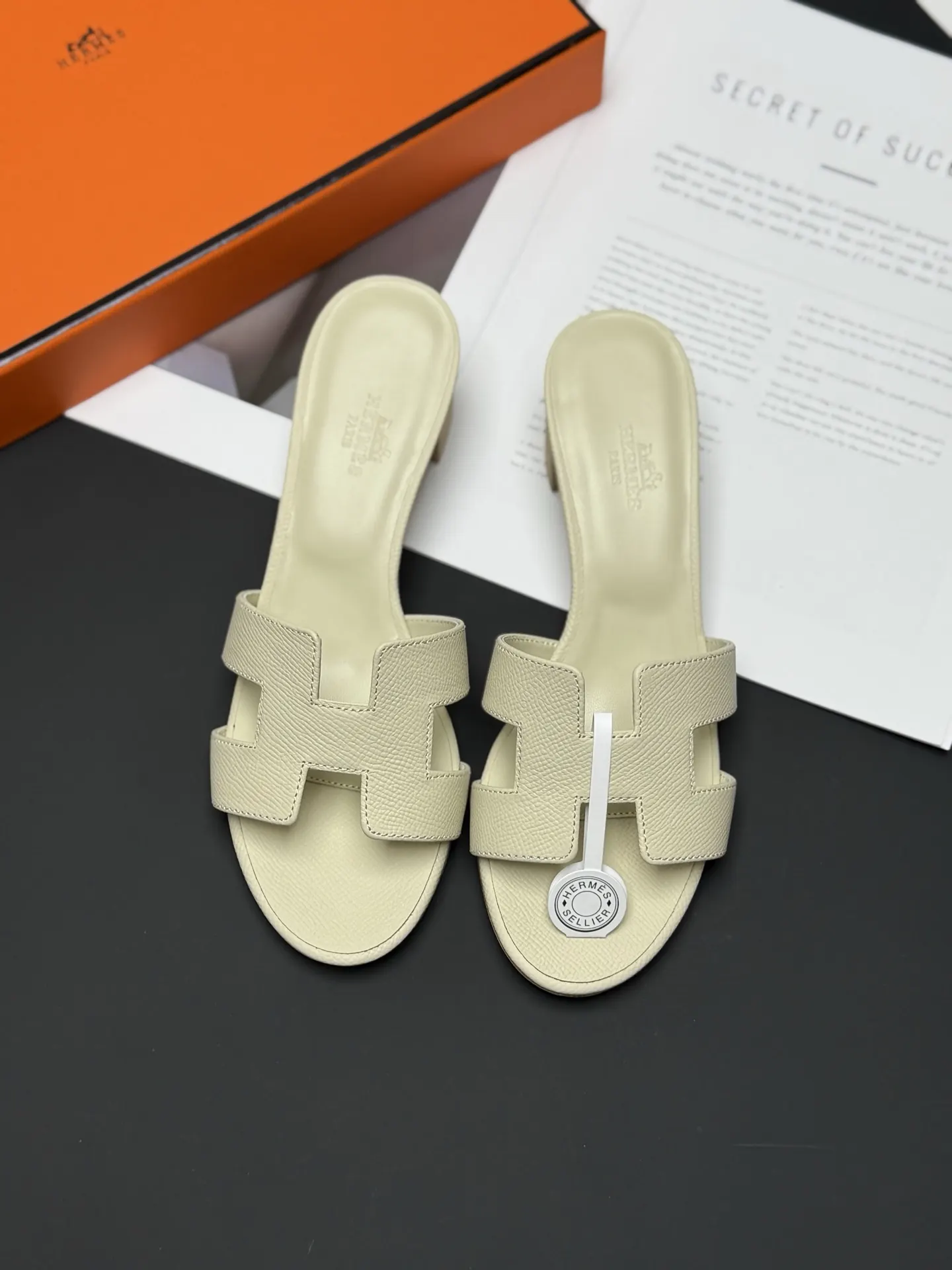 Hermès White Leather Slides