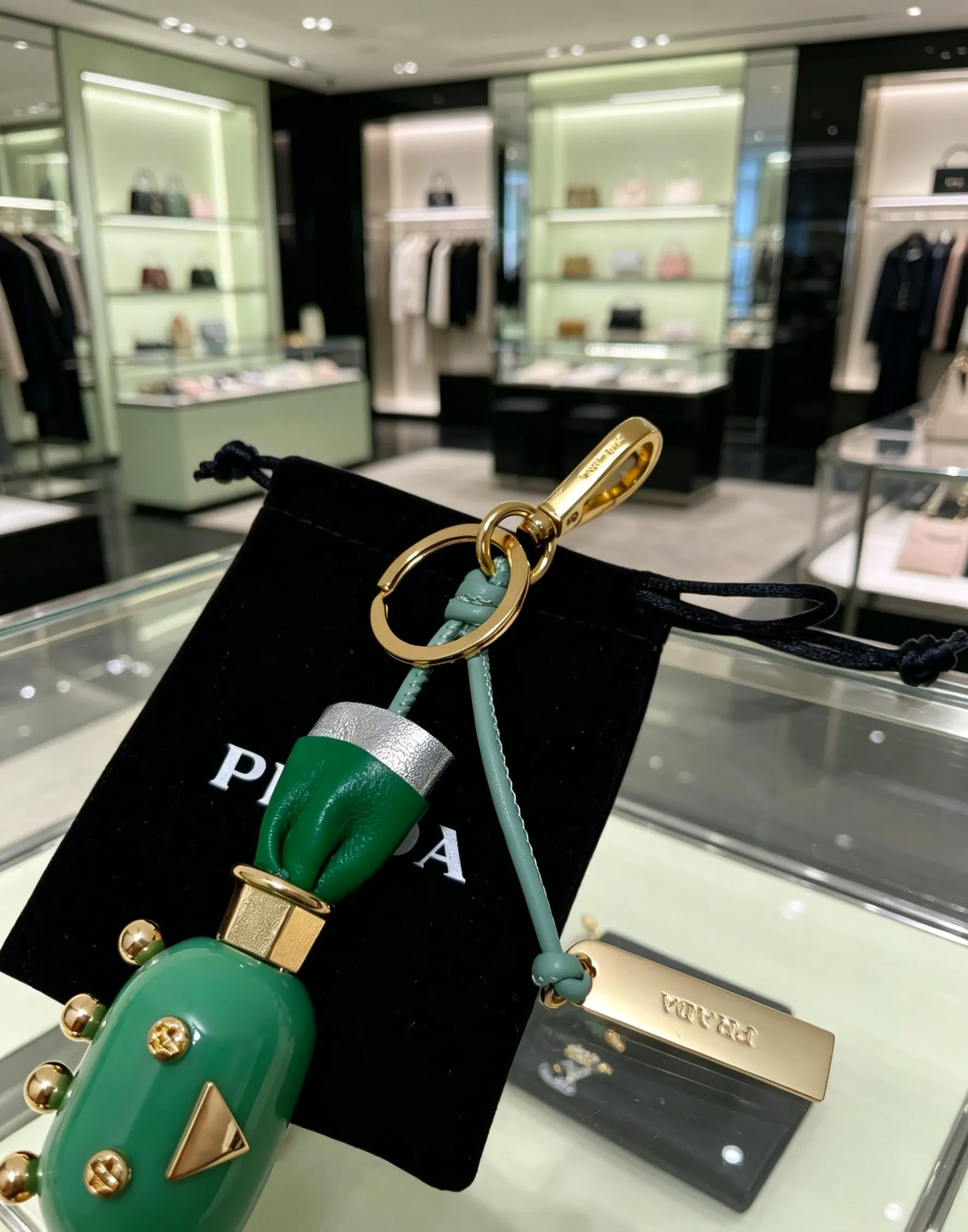 Prada Green Leather Triangle Logo Bag Charm / Keychain