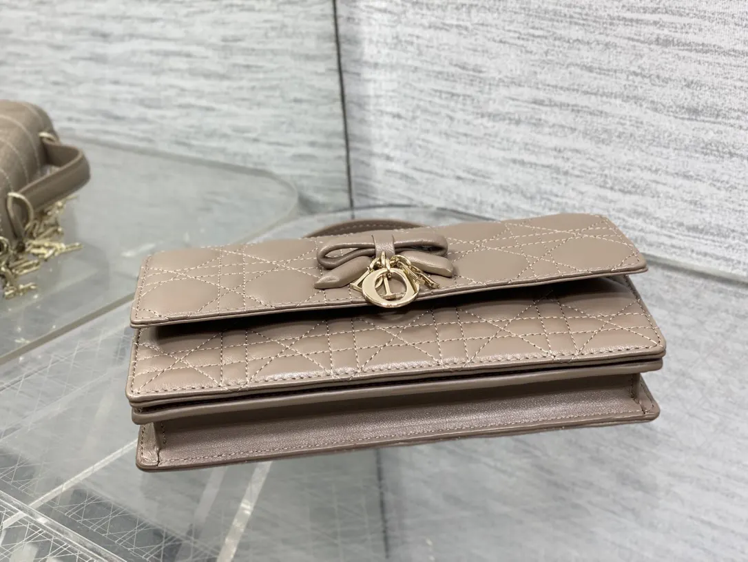 Dior 香槟灰羊皮手拿包 珍珠装饰