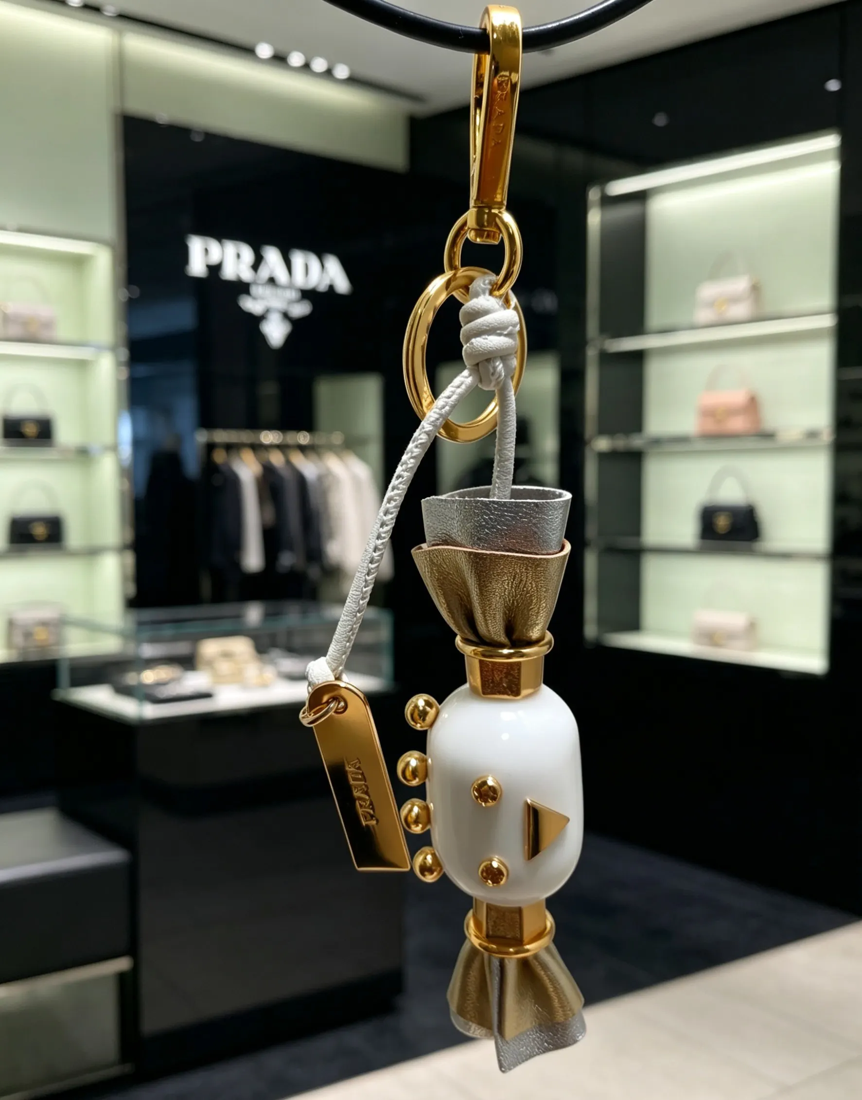 Prada 金色 皮革 三角標 包包掛件/鑰匙扣