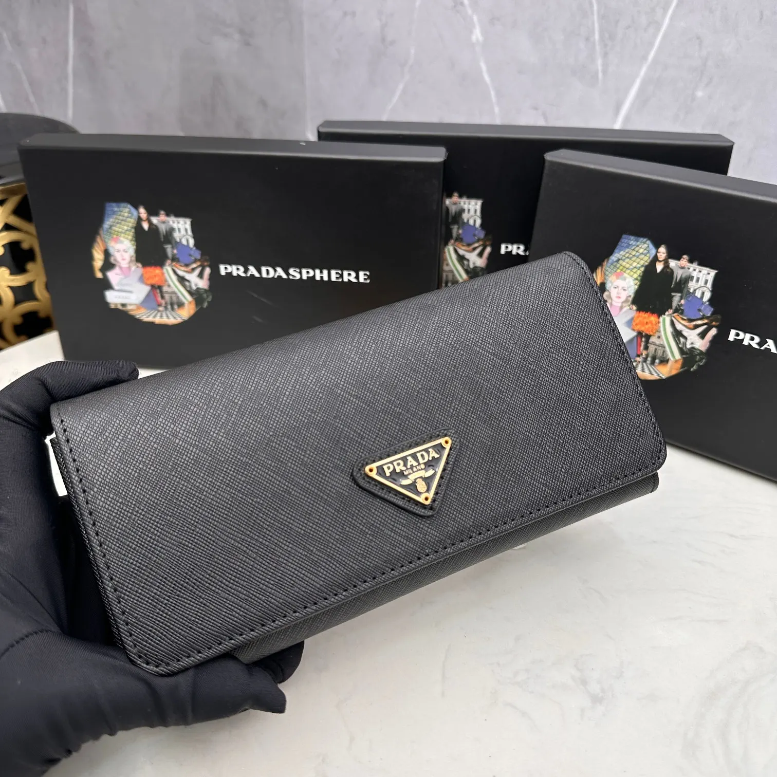 Prada Saffiano Black Leather Triangle Logo Wallet