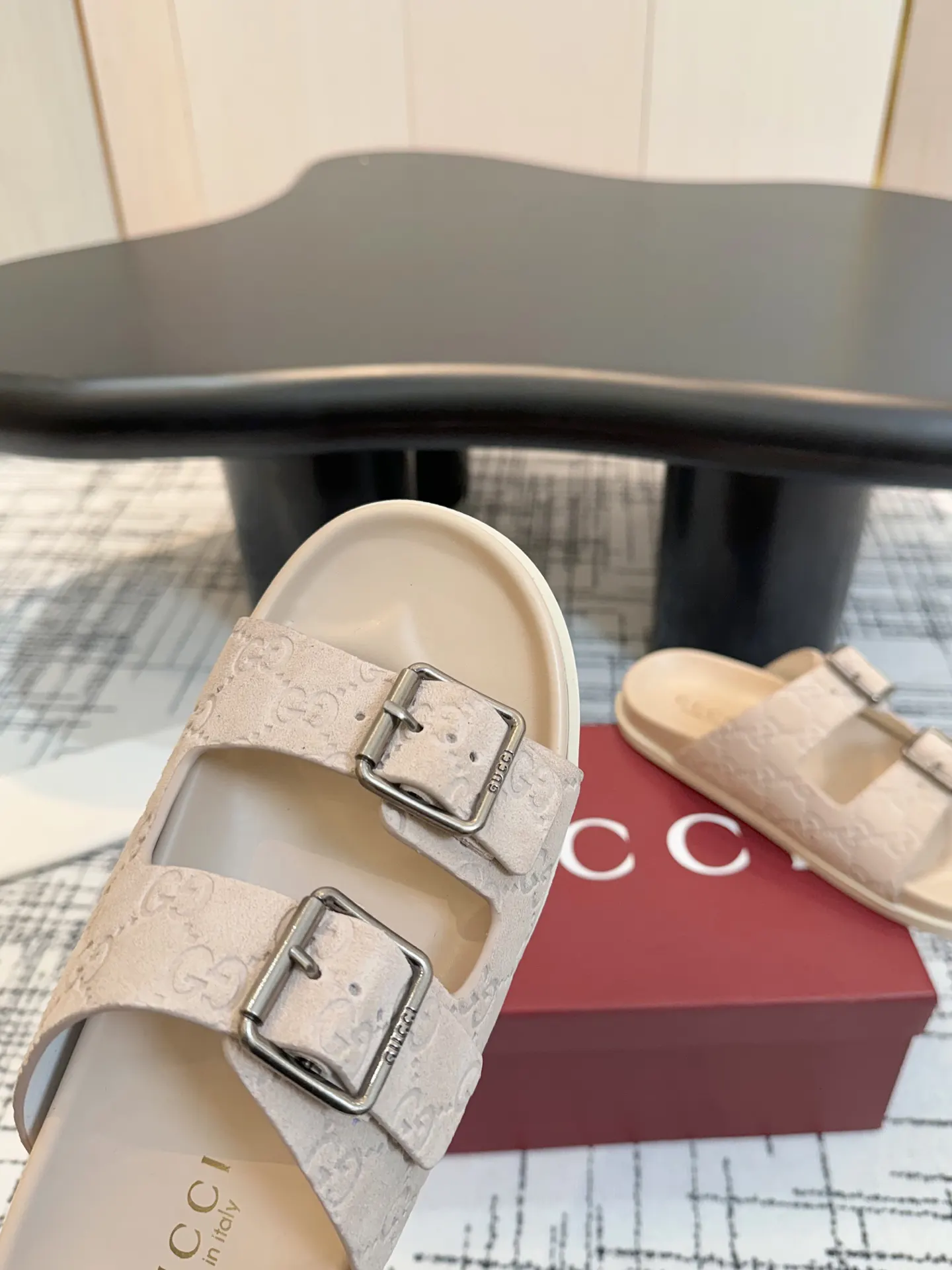 Gucci White Monogram Slides