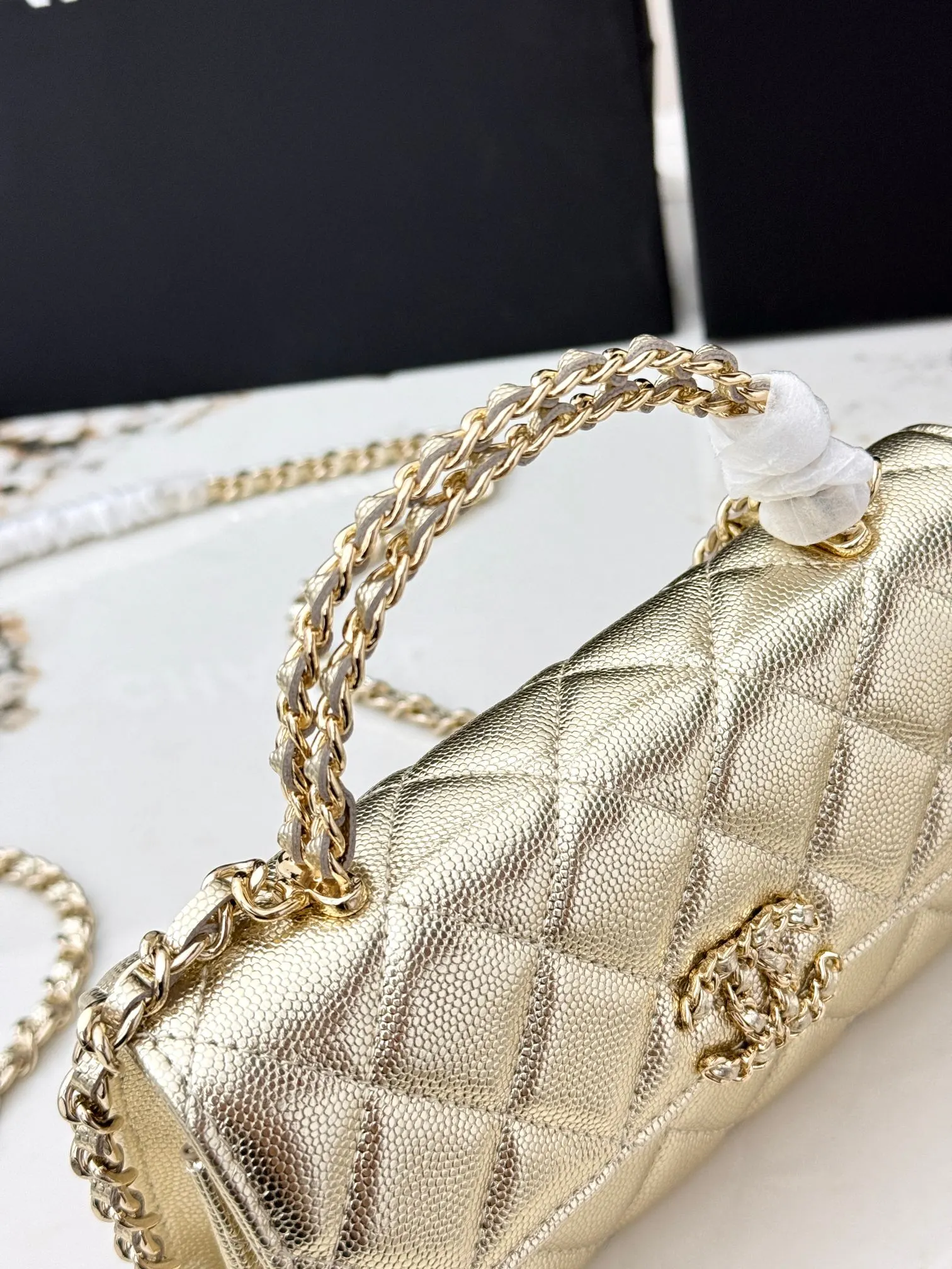 Chanel 米白色牛皮Kelly手提包 金链斜挎