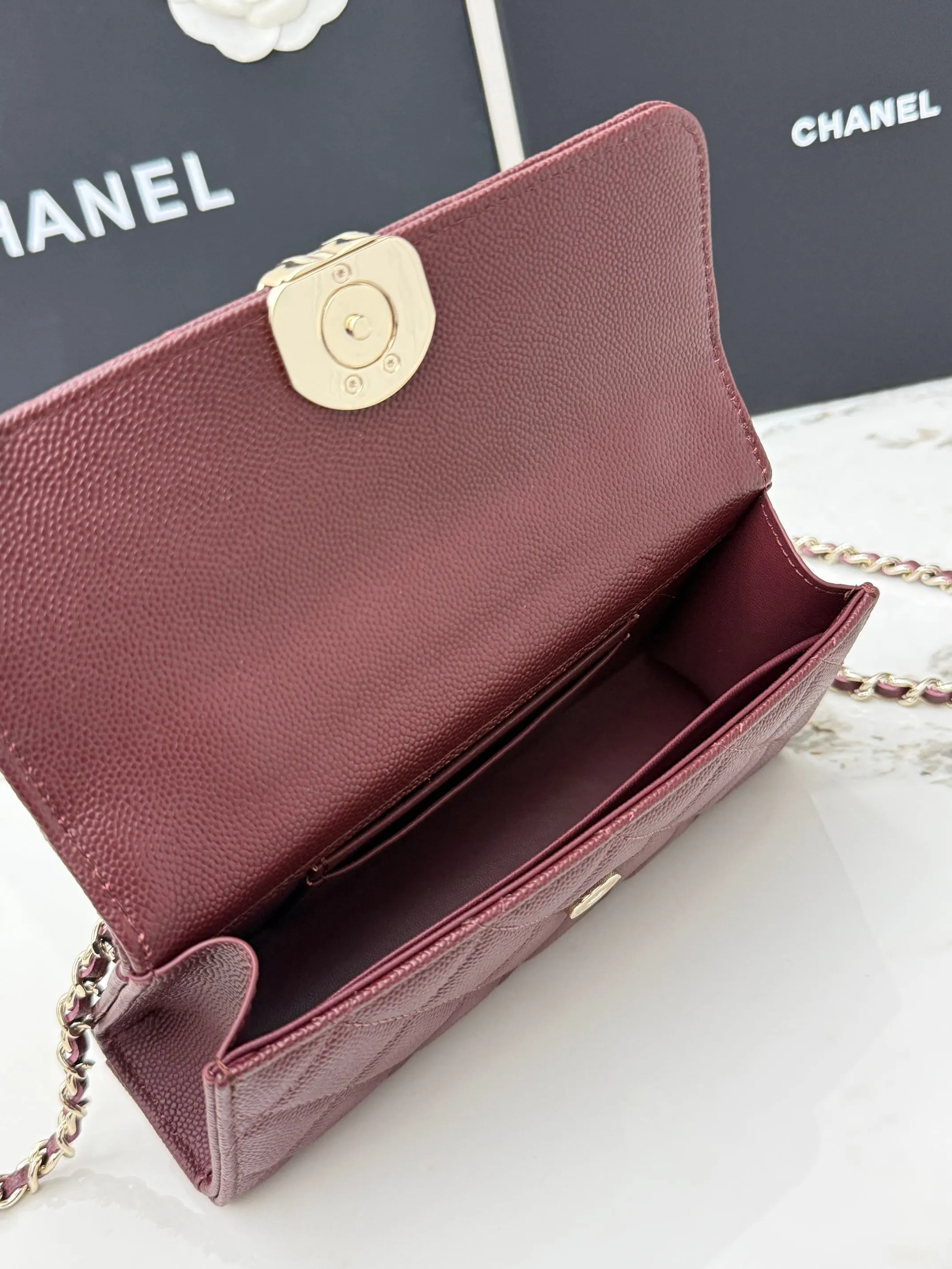 Chanel 酒紅色牛皮Kelly手提包 金链斜挎