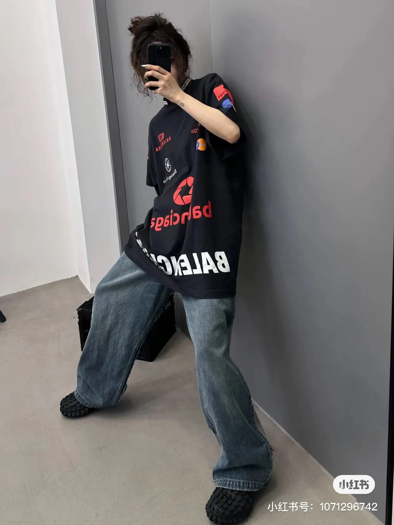 Balenciaga Black Logo Embroidery Short Sleeve T-Shirt Street