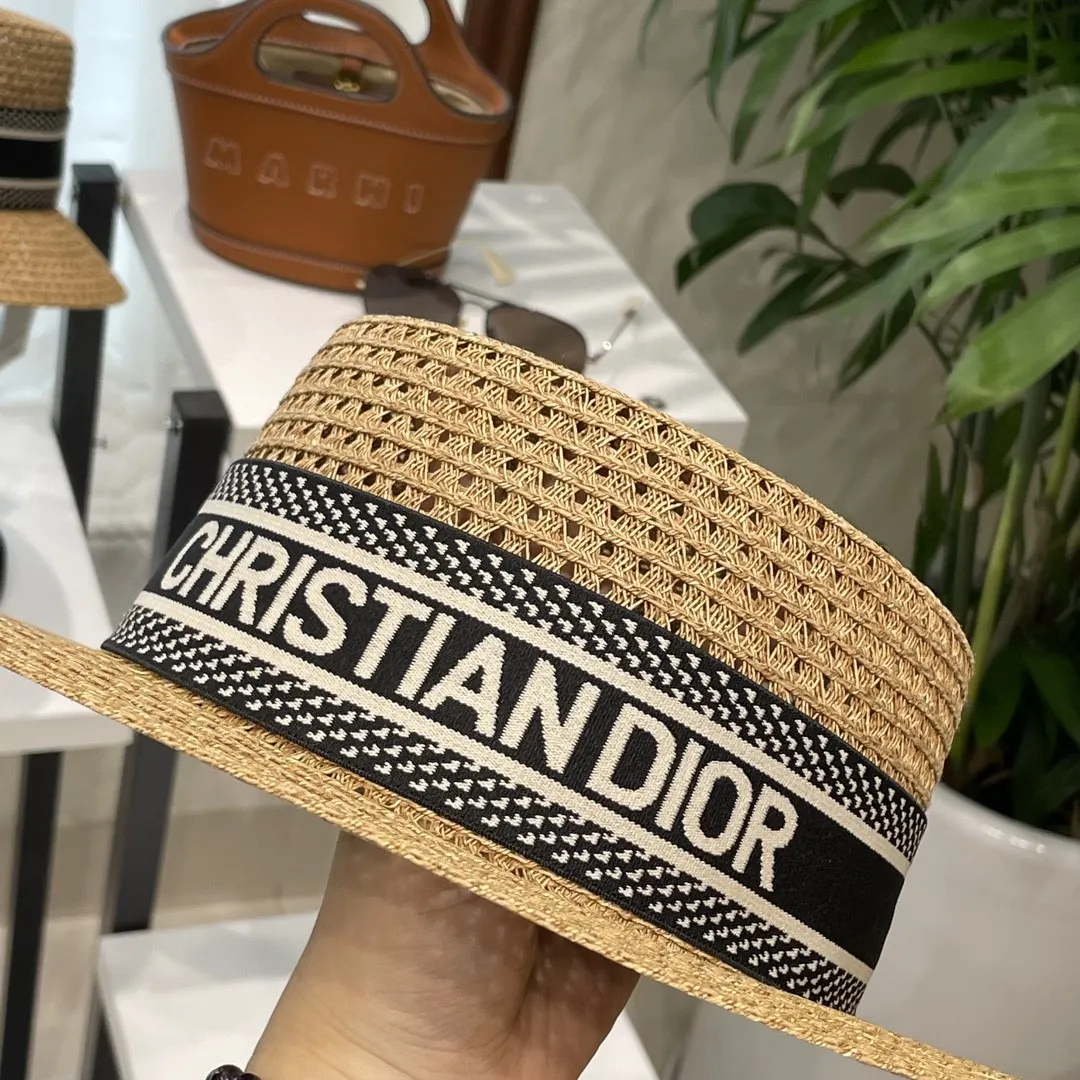 Dior 米色草编遮阳帽 黑色织带款