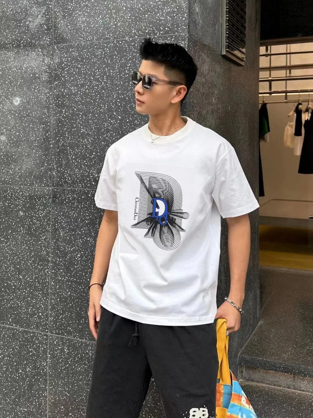 Dior 白色竖条印花短袖T恤 个性款