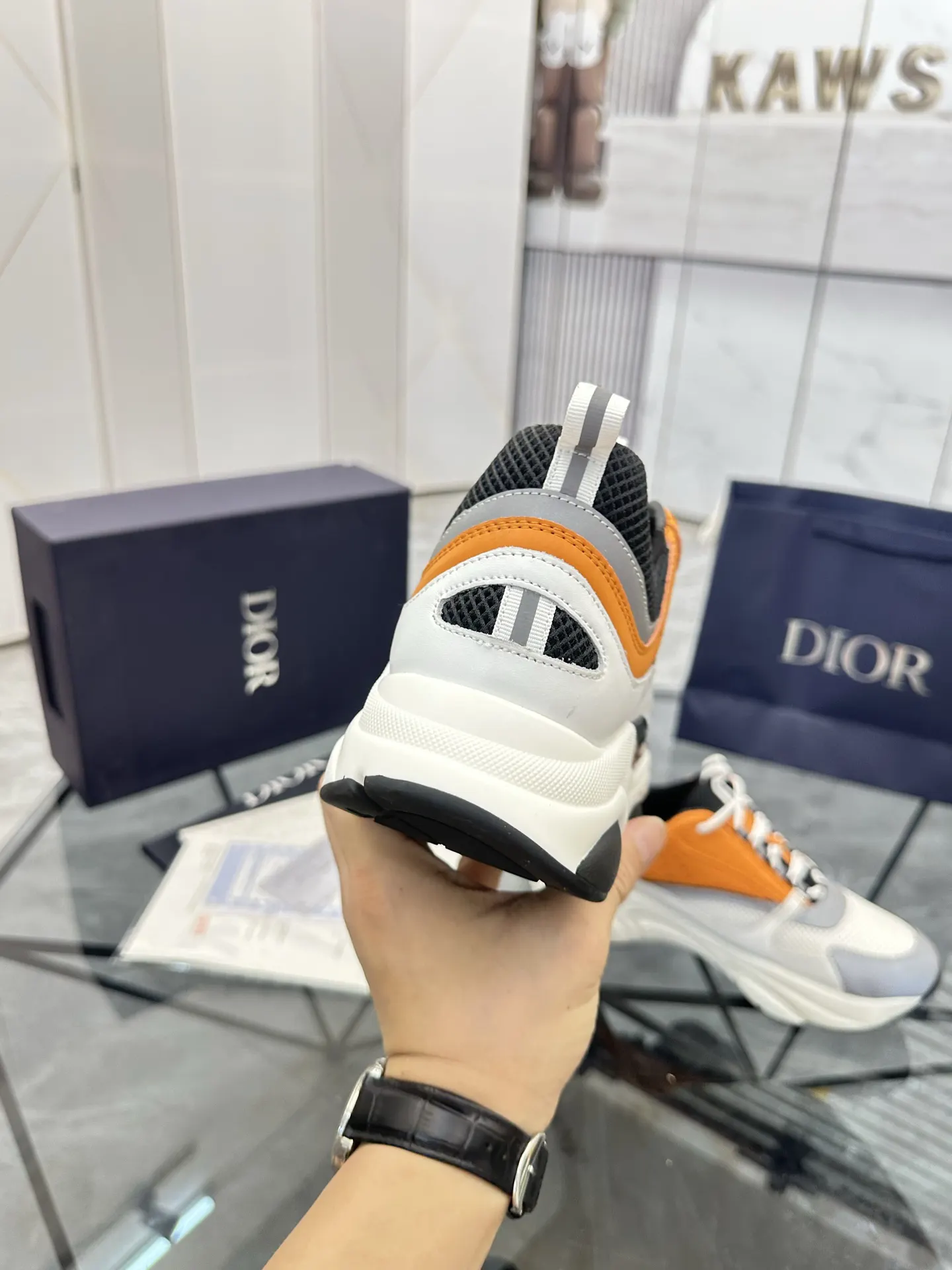 Dior B22 白橙拼色牛皮休闲鞋 亮色款