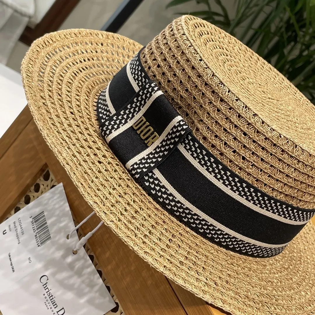 Dior 米色草编遮阳帽 黑色织带款