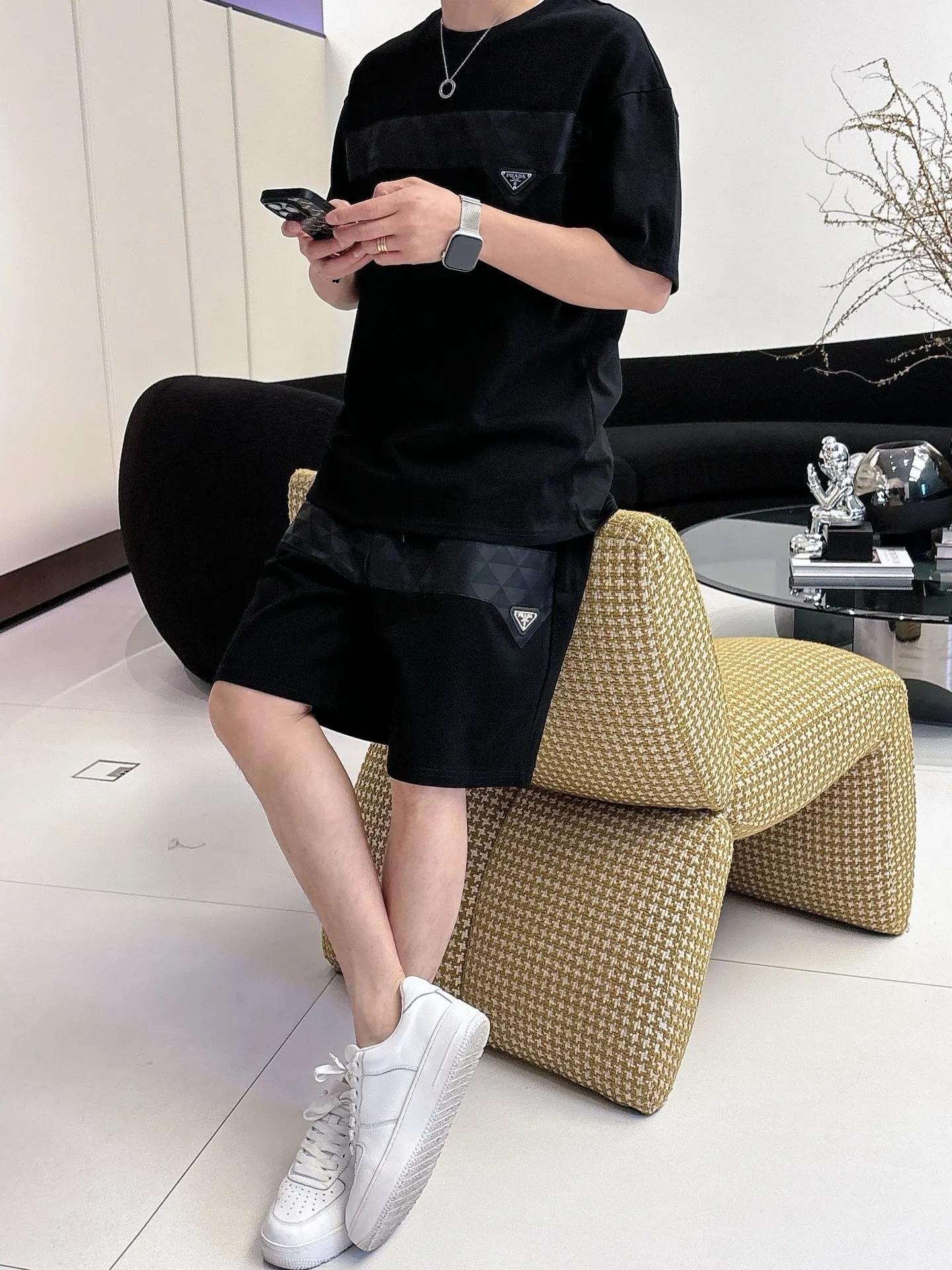 Prada Triangle Logo Horizontal Panel T-Shirt In Black